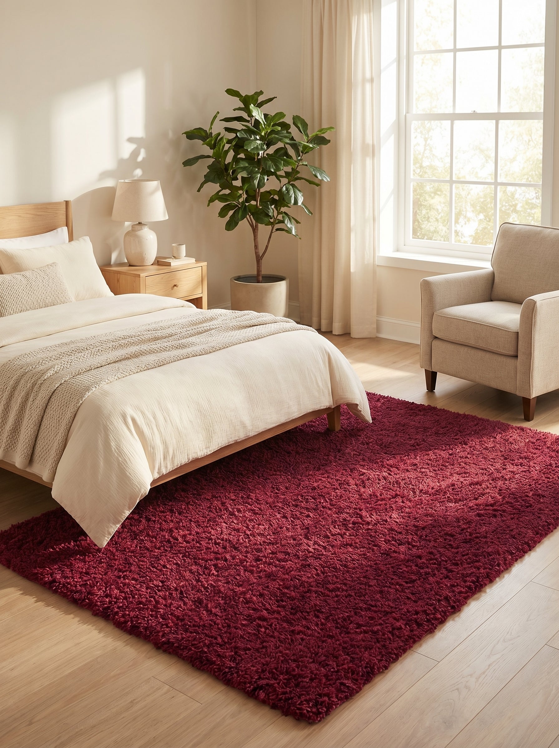 Grand tapis rectangulaire à poils longs rouge bordeaux posé sur un parquet clair dans une chambre