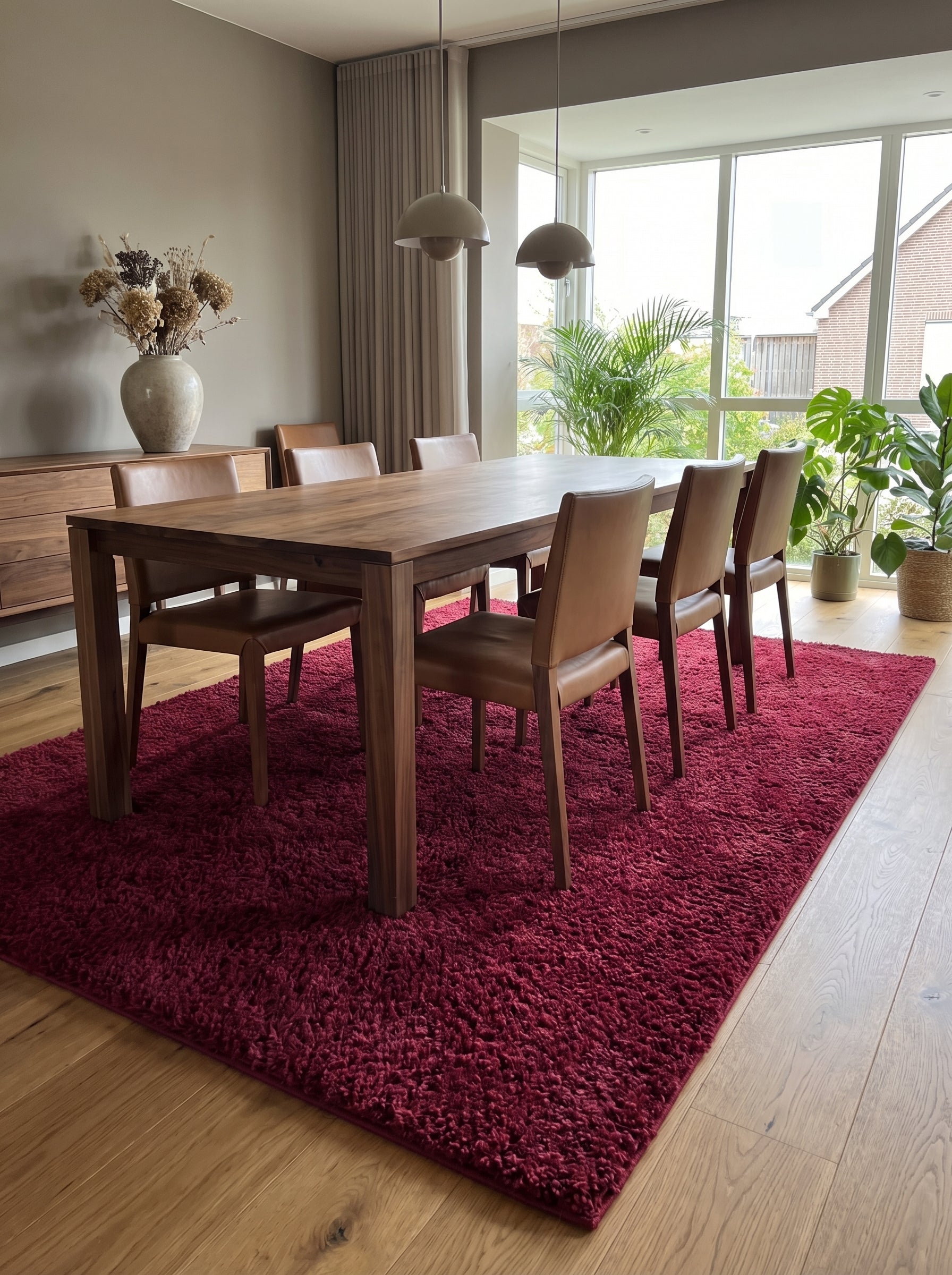 Tapis rectangulaire bordeaux à poils longs sous une table de salle à manger, dans un intérieur moderne et lumineux