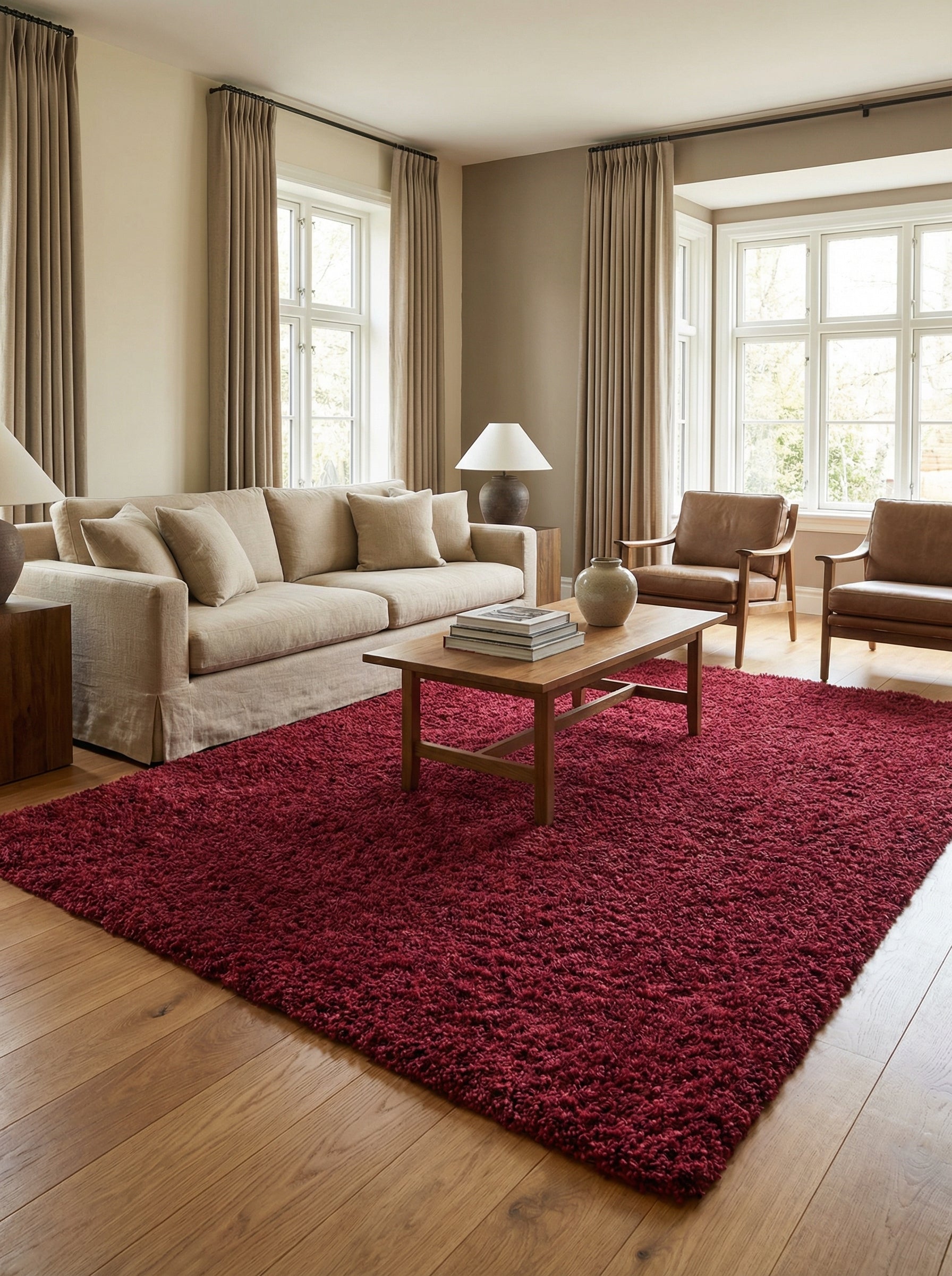 Tapis rectangulaire rouge bordeaux à poils longs et texture épaisse, posé sur un parquet clair dans un salon lumineux
