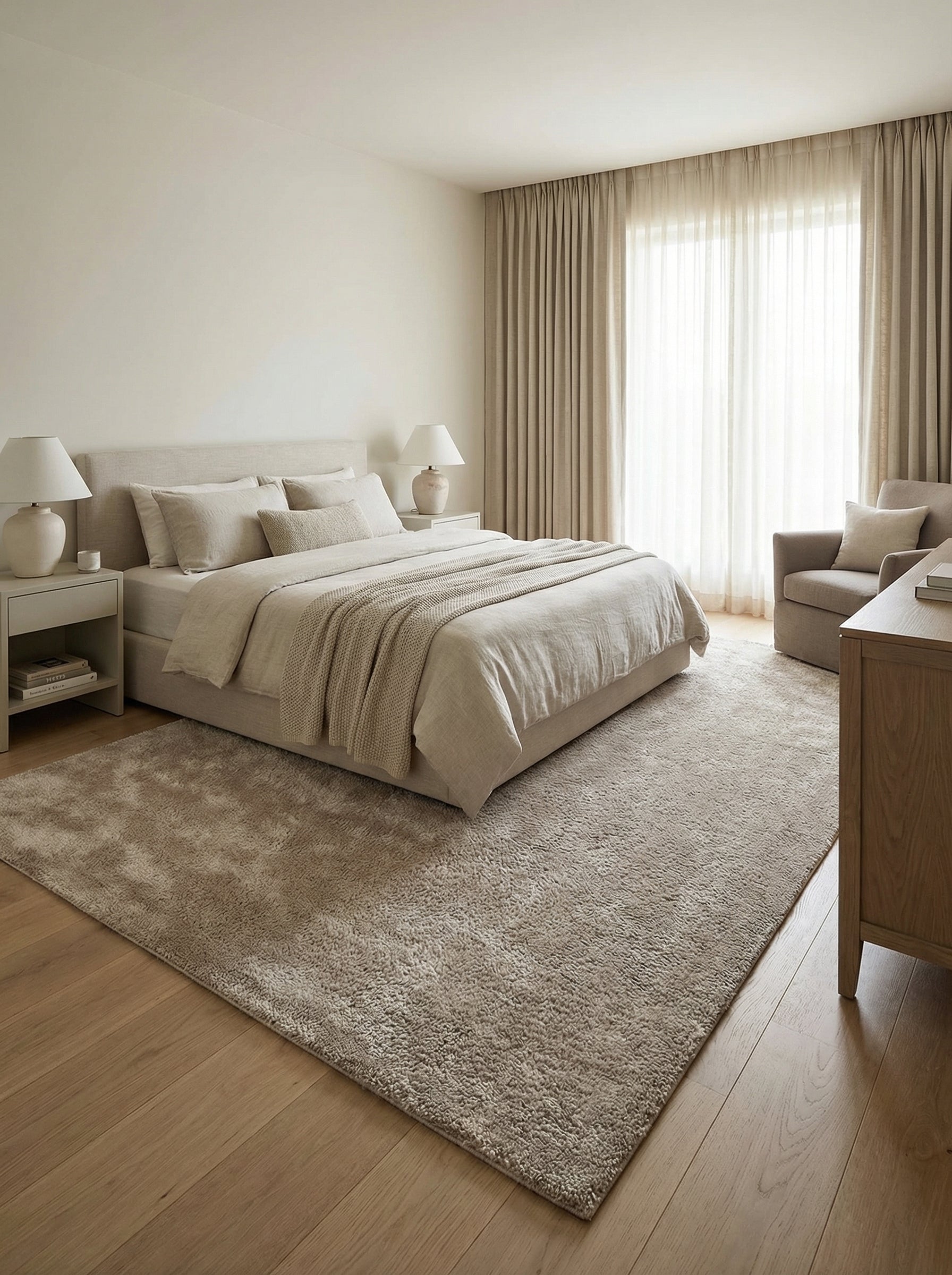 Grand tapis rectangulaire beige-gris clair à poils longs et moelleux, posé sur un parquet en bois dans une chambre à coucher lumineuse