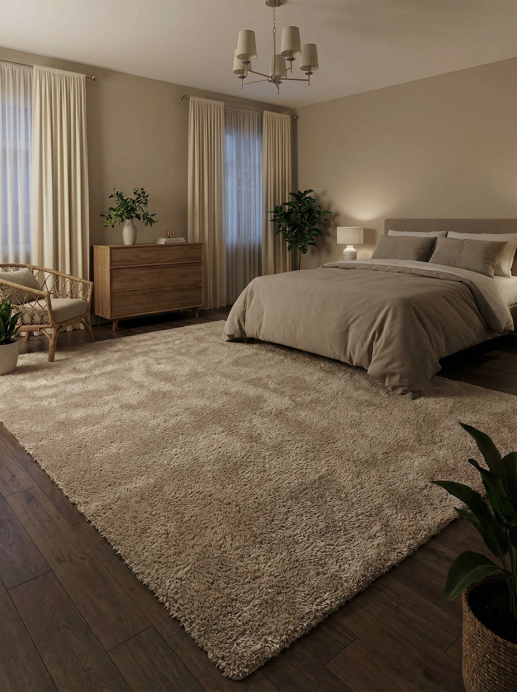 Grand tapis rectangulaire beige clair à poils longs et moelleux posé sur un plancher en bois, dans une chambre