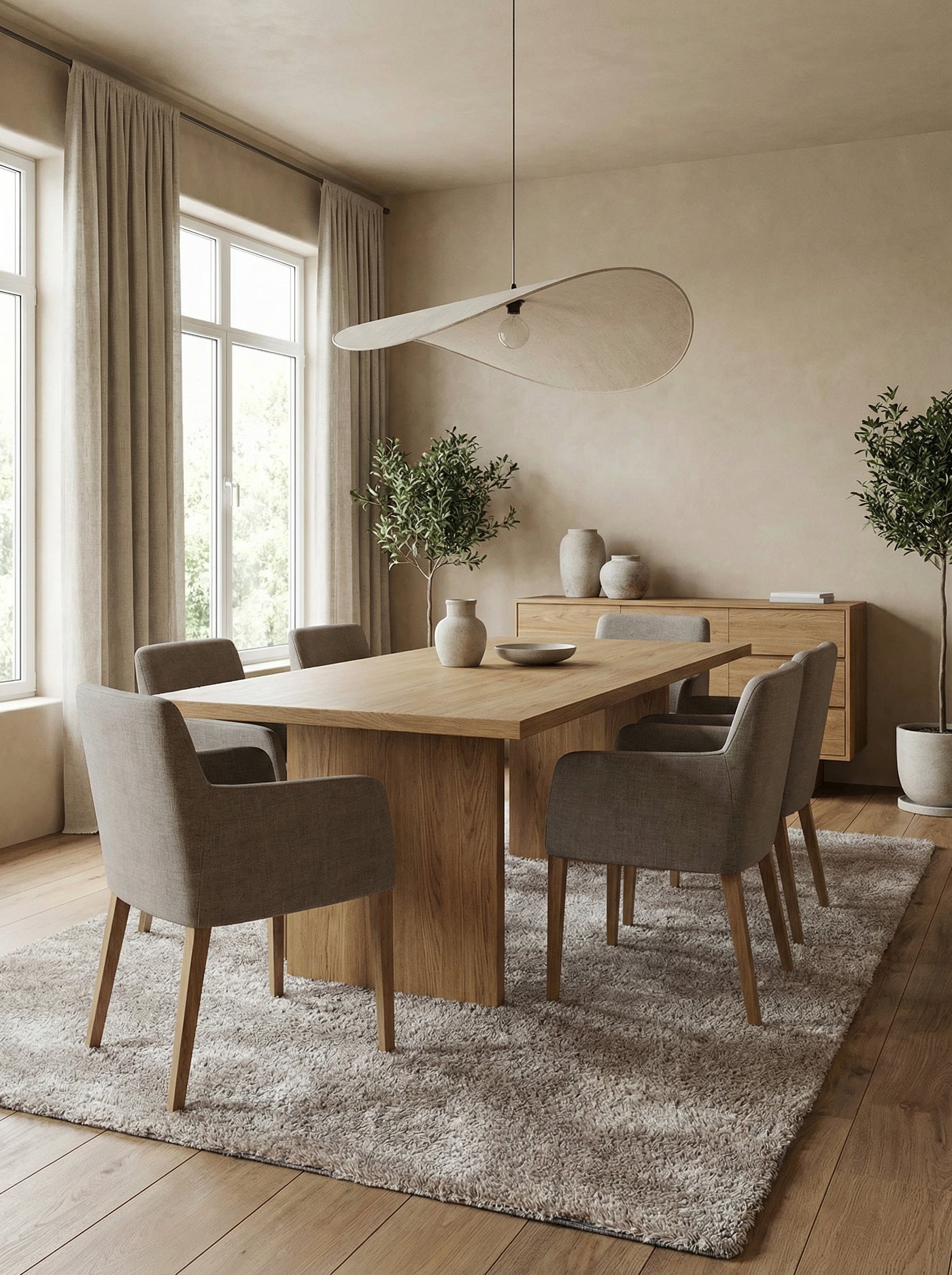 Tapis rectangulaire à poils longs de couleur gris-beige, posé sous une table à manger en bois, dans un espace repas moderne