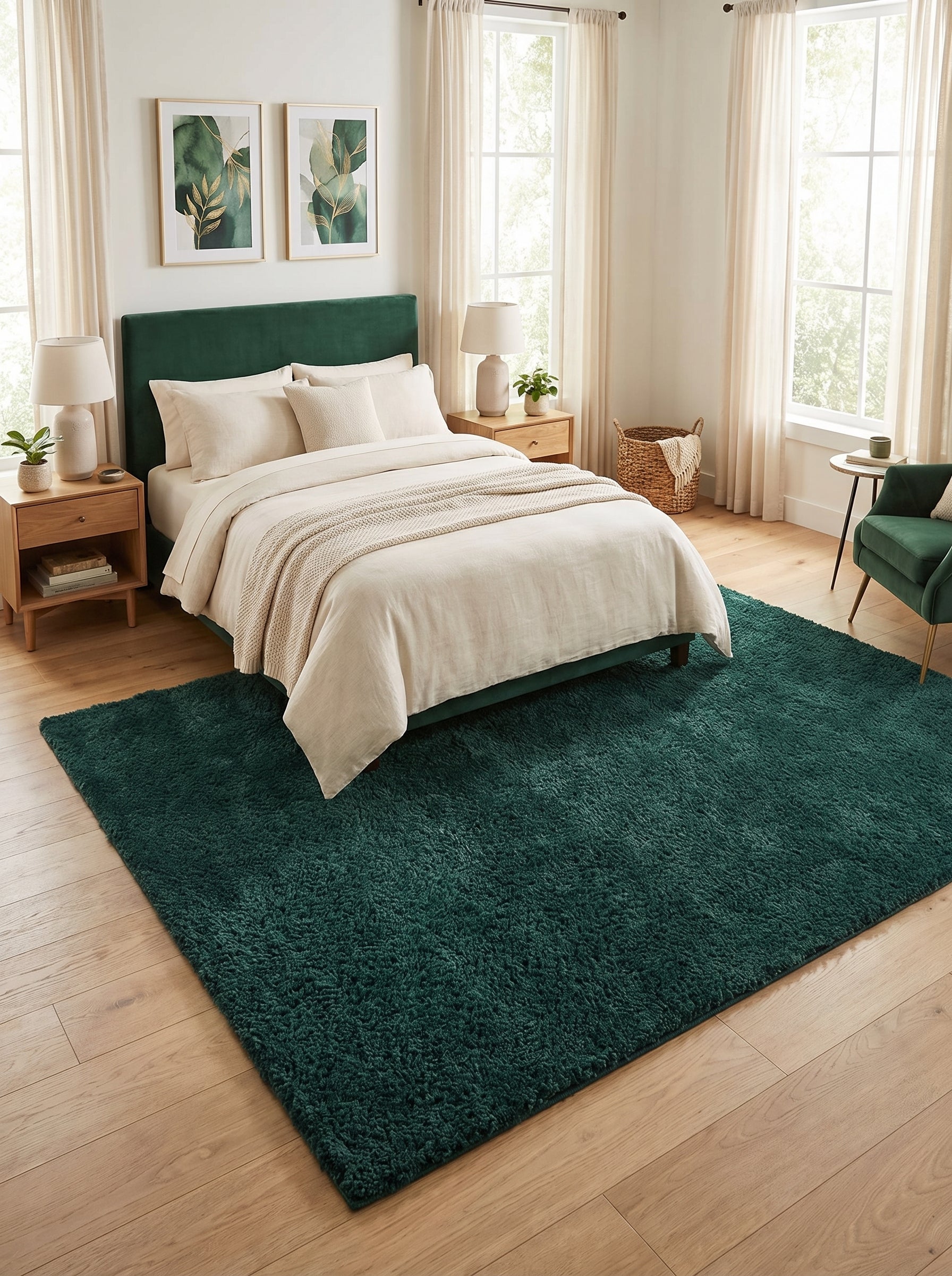 Grand tapis rectangulaire vert forêt à poils longs et moelleux posé sur un parquet clair dans une chambre à coucher lumineuse