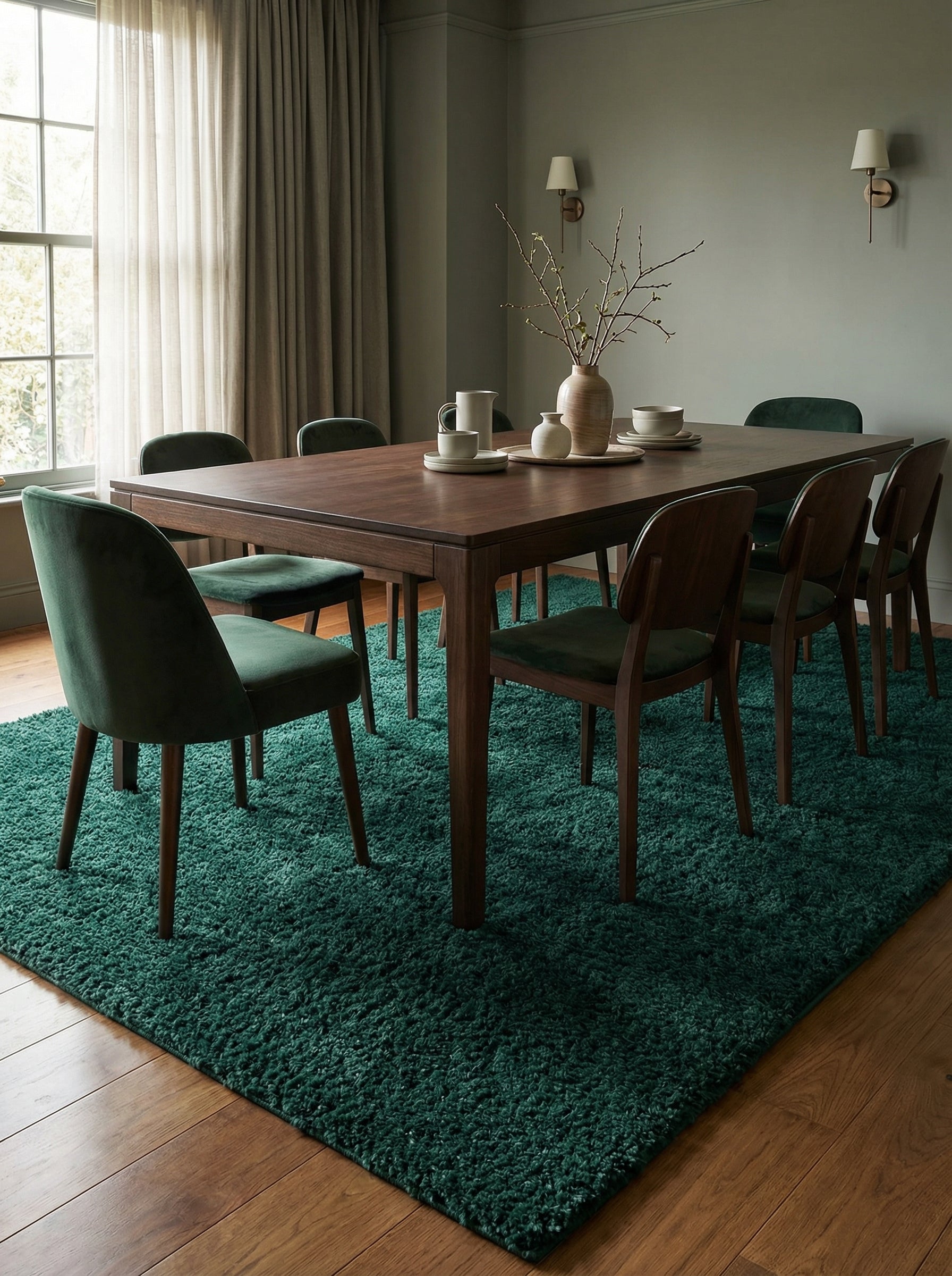 Tapis rectangulaire vert foncé, à poils longs et moelleux, posé sur un parquet dans une salle à manger élégante