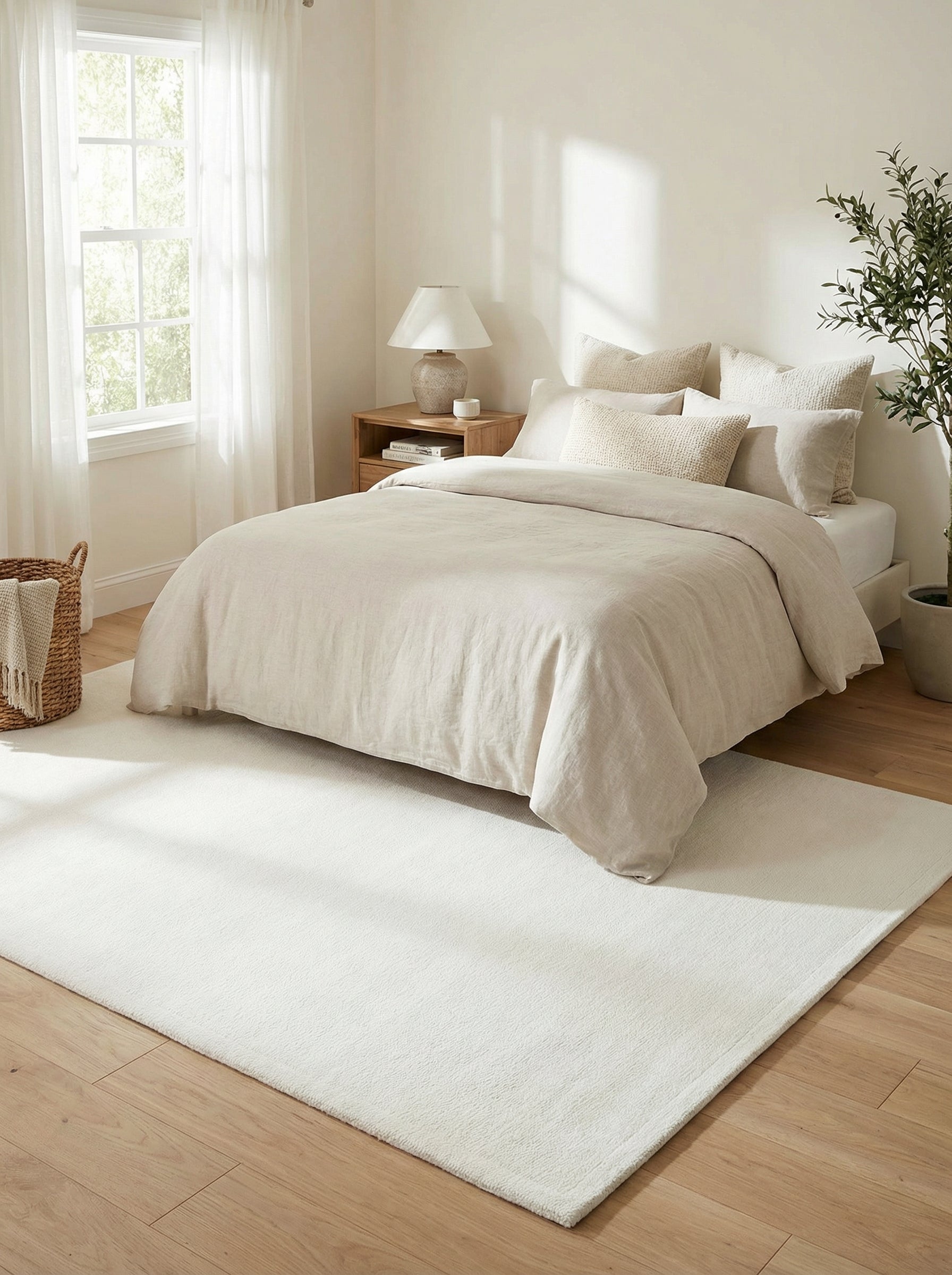 Tapis blanc rectangulaire dans une chambre. Douceur et confort créent une ambiance reposante