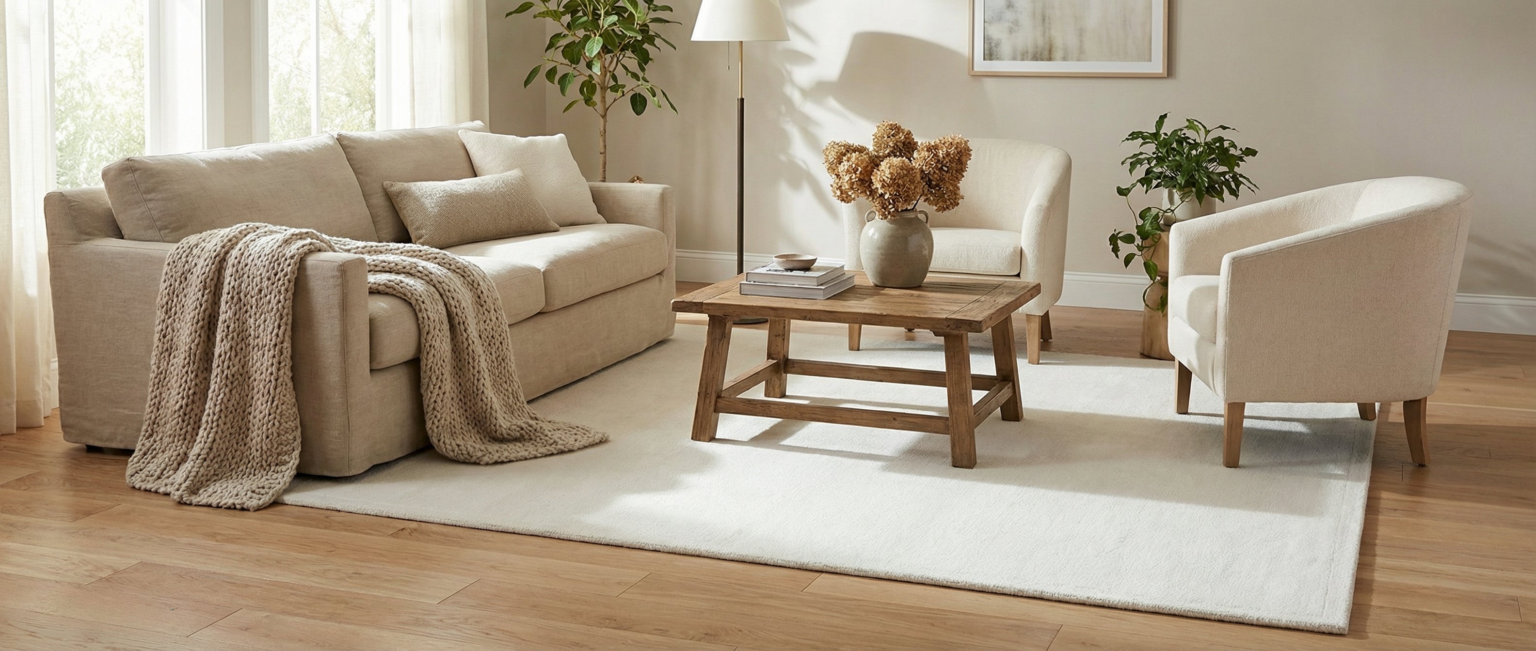 Le tapis blanc rectangulaire transforme la pièce. Il crée une harmonie douce et lumineuse, unifiant l'ambiance