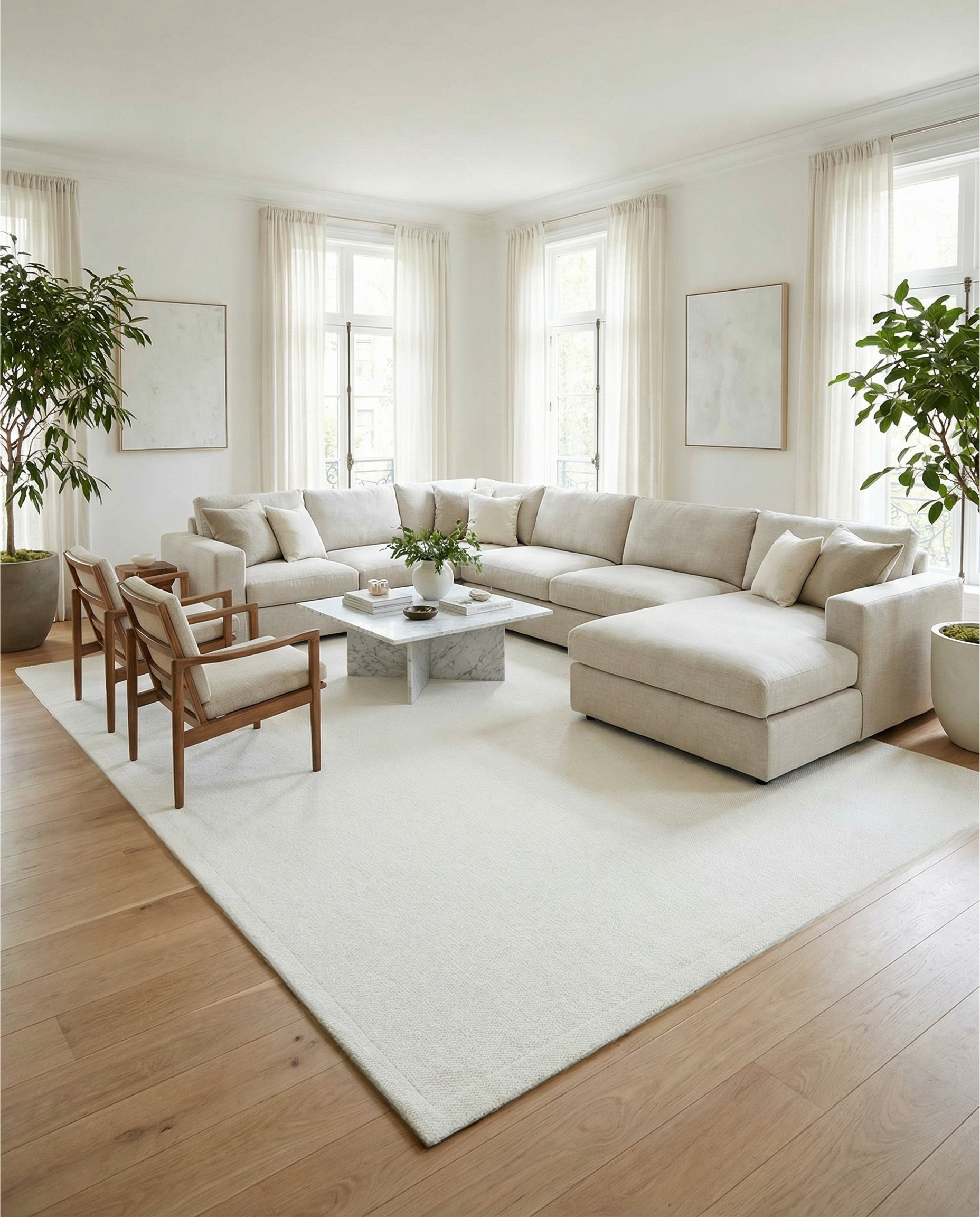 Tapis rectangulaire blanc, pièce lumineuse et aérée. Ambiance chaleureuse grâce au tapis, qui délimite l'espace et