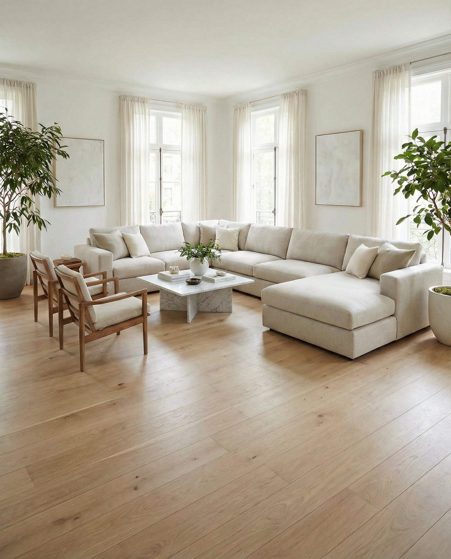 Pièce lumineuse, ambiance épurée. Sol clair en bois, canapé beige. Espace à transformer