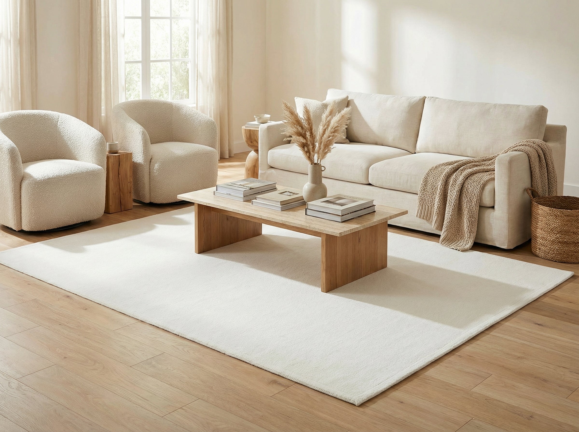 Tapis blanc rectangulaire dans un salon clair, ambiance douce et épurée, style déco minimaliste