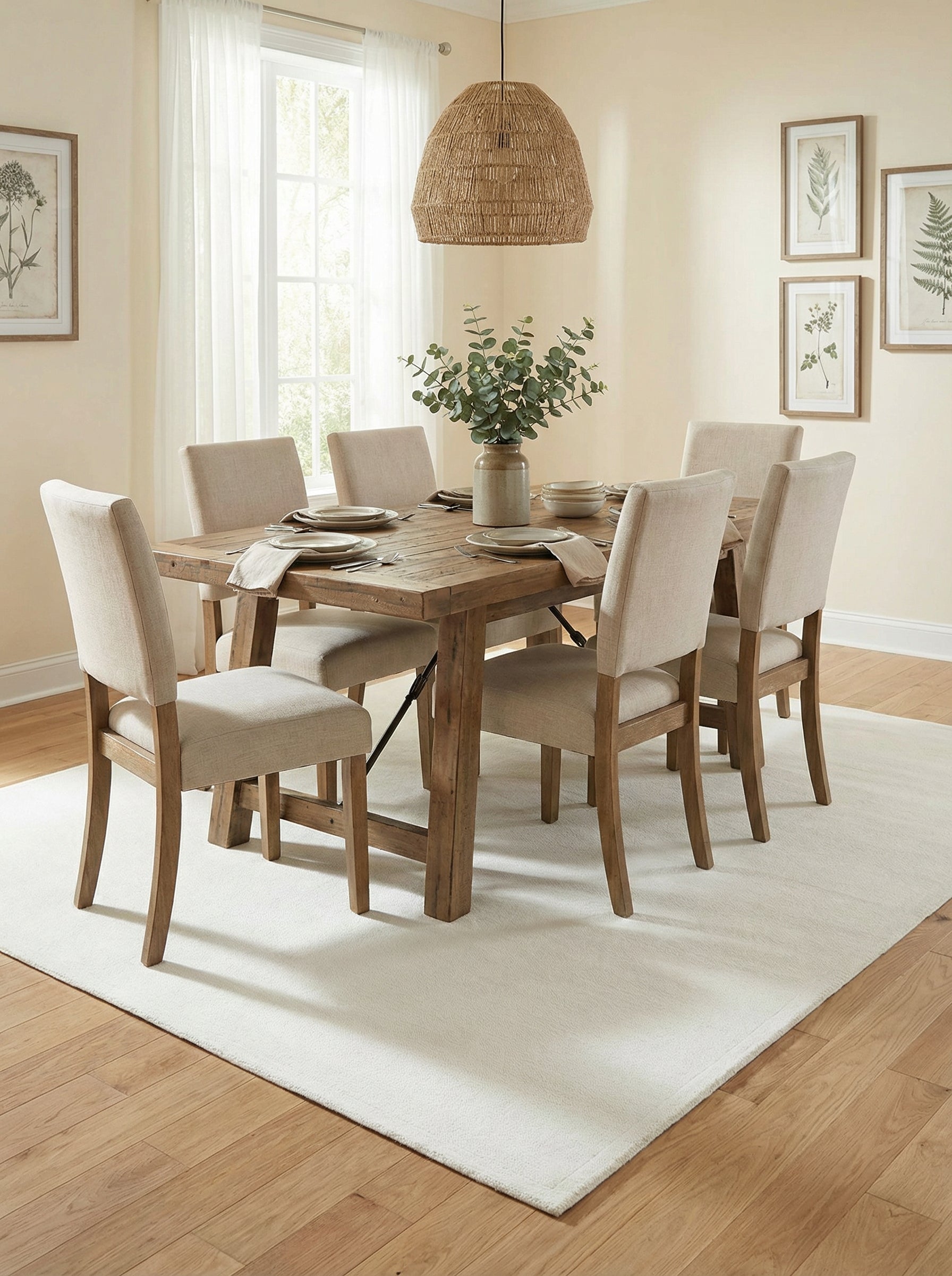 Tapis blanc rectangulaire sous la table à manger, définissant l'espace repas et créant une ambiance conviviale