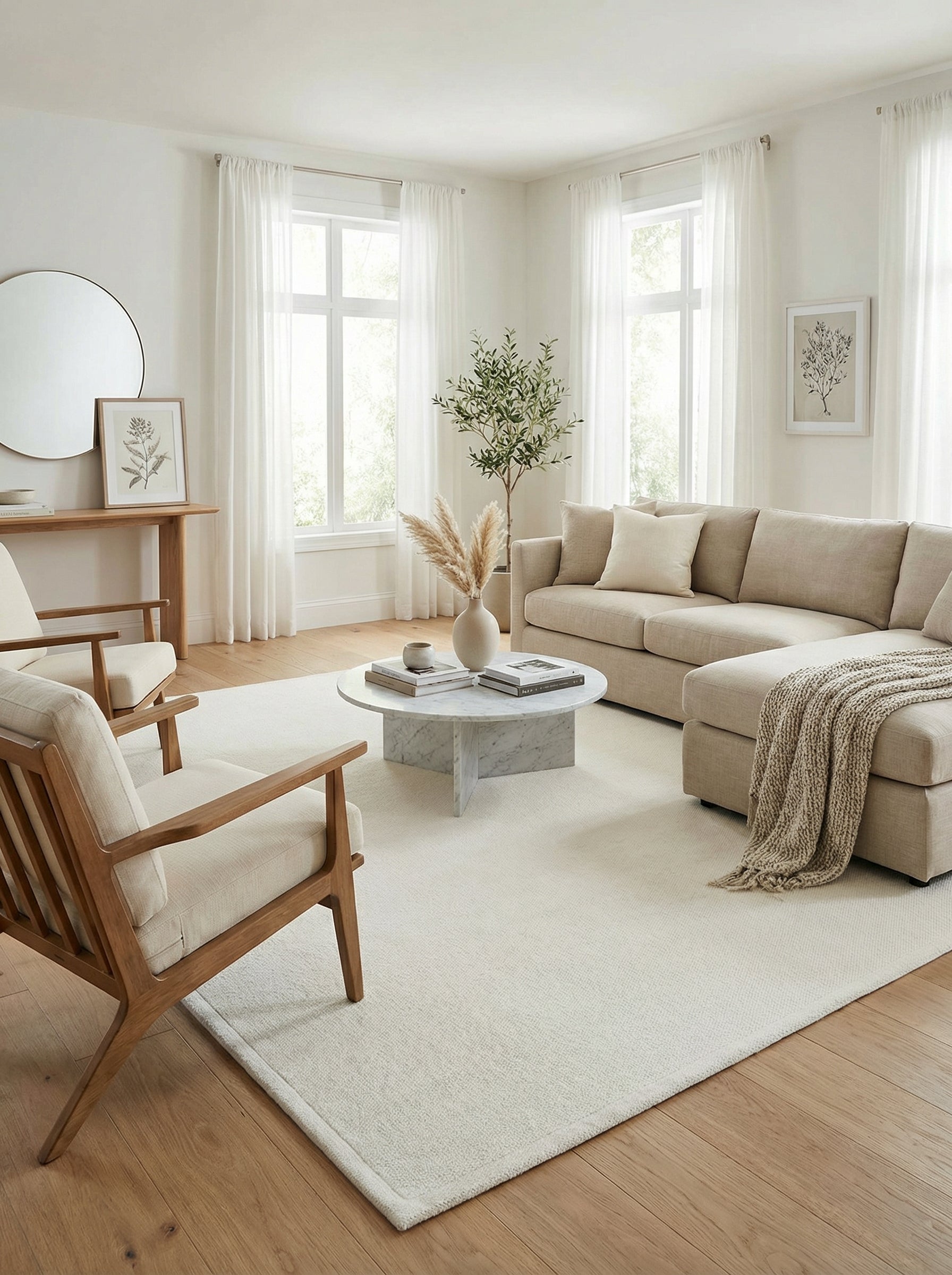 Tapis rectangulaire blanc, ambiance douce et lumineuse dans un salon. Harmonie avec le décor épuré