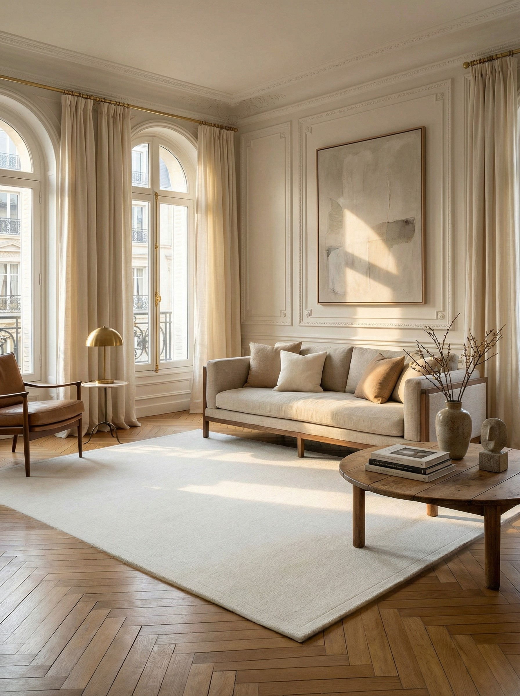 Tapis blanc rectangulaire. Ambiance élégante et conviviale dans un salon