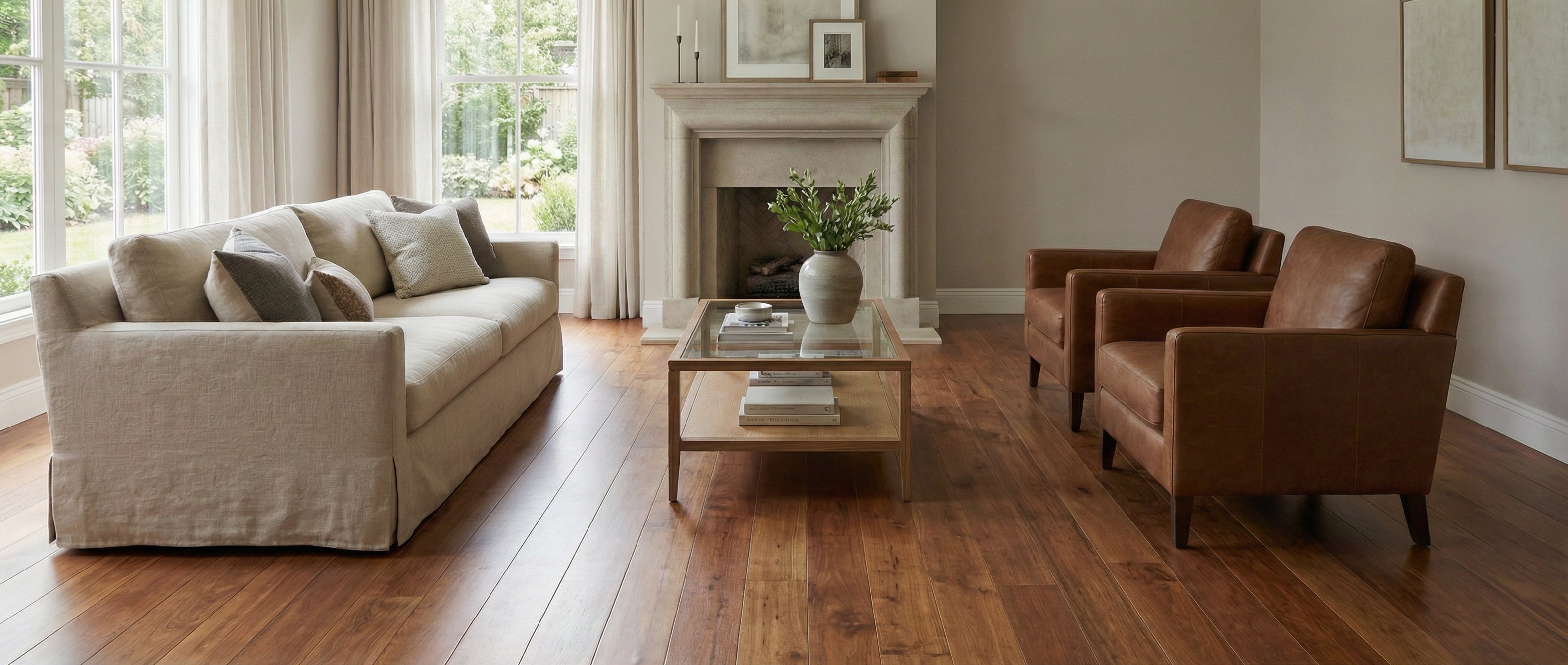 Pièce lumineuse, ambiance neutre. Sol bois, canapé clair, fauteuils cuir. Espace vide pour un tapis rectangulaire