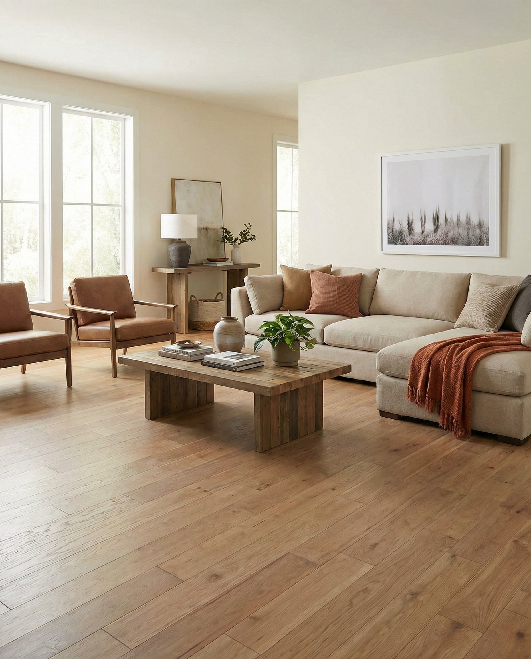 Pièce avec plancher de bois clair, canapé beige, fauteuils bruns, table basse en bois, ambiance chaleureuse, murs beiges,