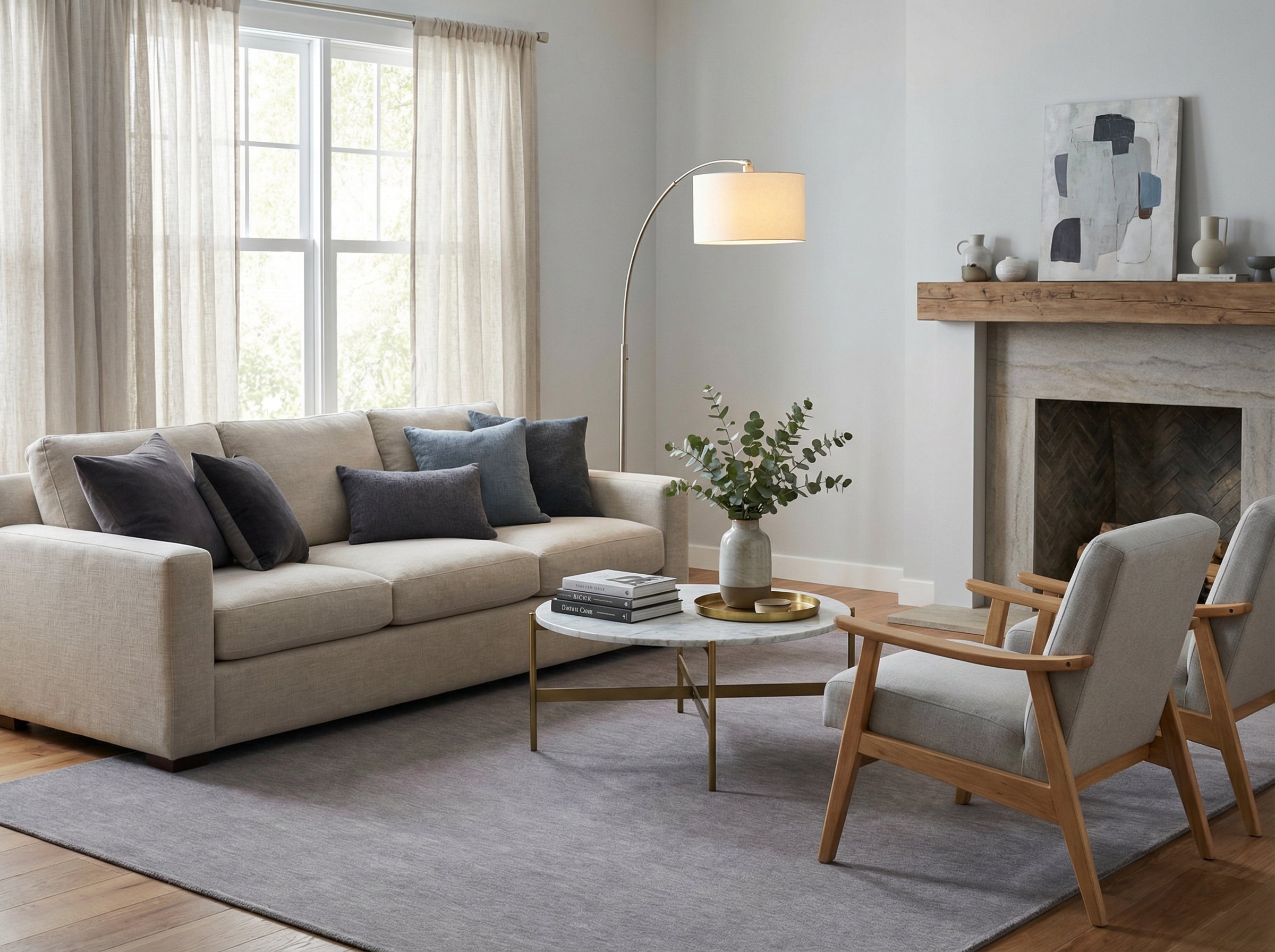 Tapis gris rectangulaire dans un salon. Ambiance chaleureuse, style déco épuré