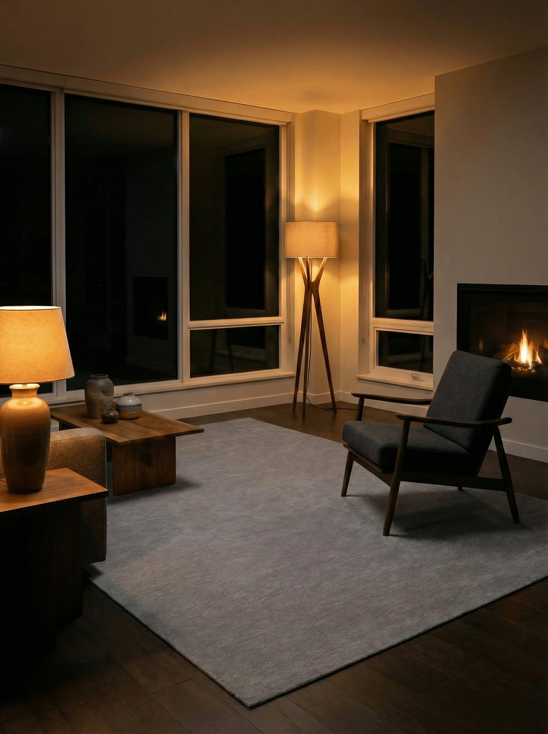 Tapis gris rectangulaire dans une pièce tamisée. Éclairage doux, ambiance chaleureuse