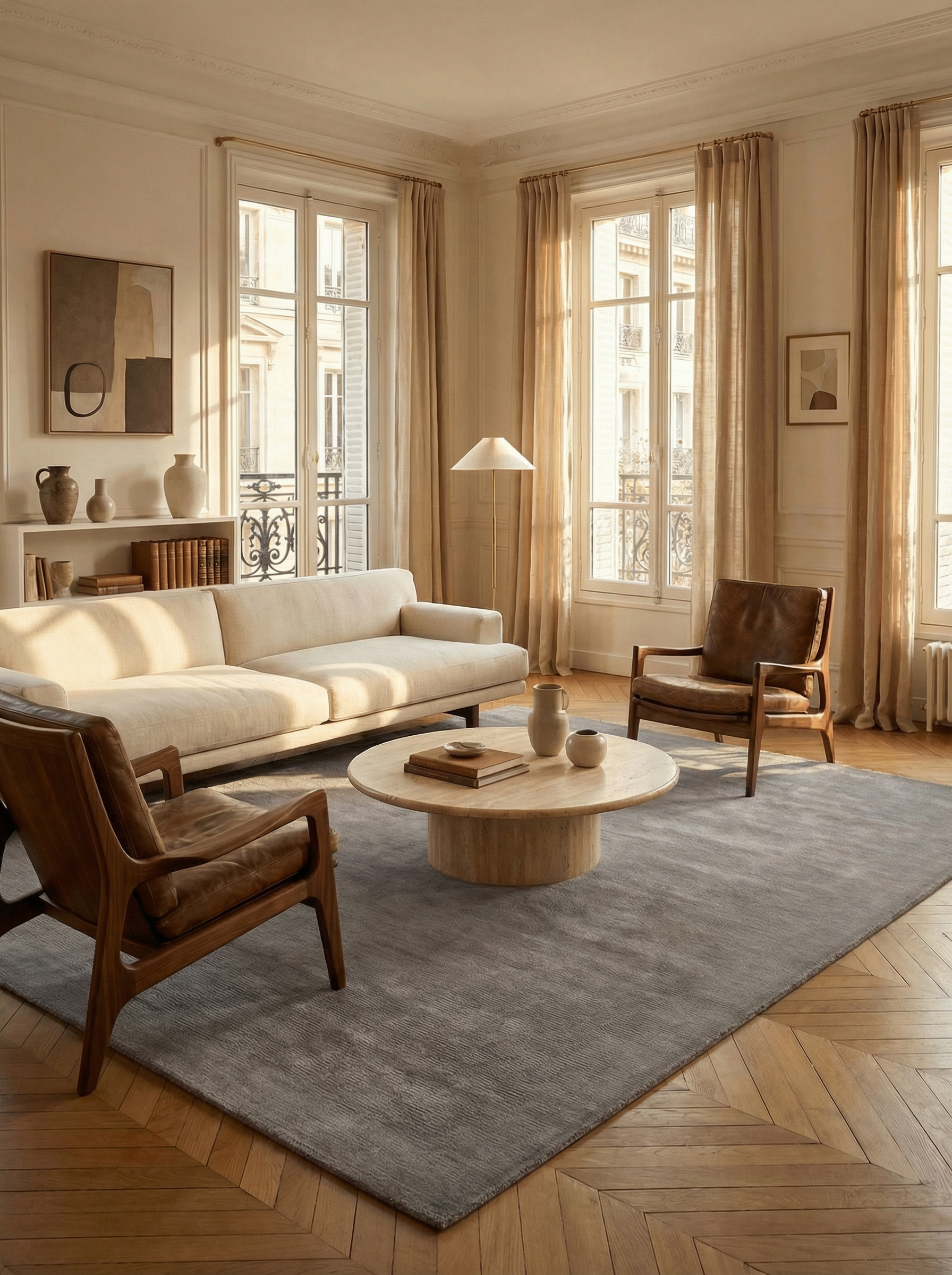 Tapis gris rectangulaire, ambiance soirée. Convivialité et élégance dans cette pièce chaleureuse