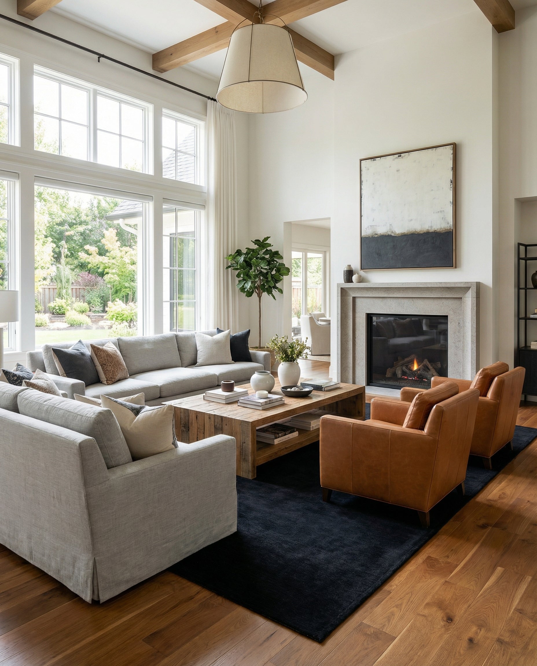 Tapis noir rectangulaire. Il définit l'espace salon, ajoutant une ambiance chaleureuse et contrastant avec le bois clair