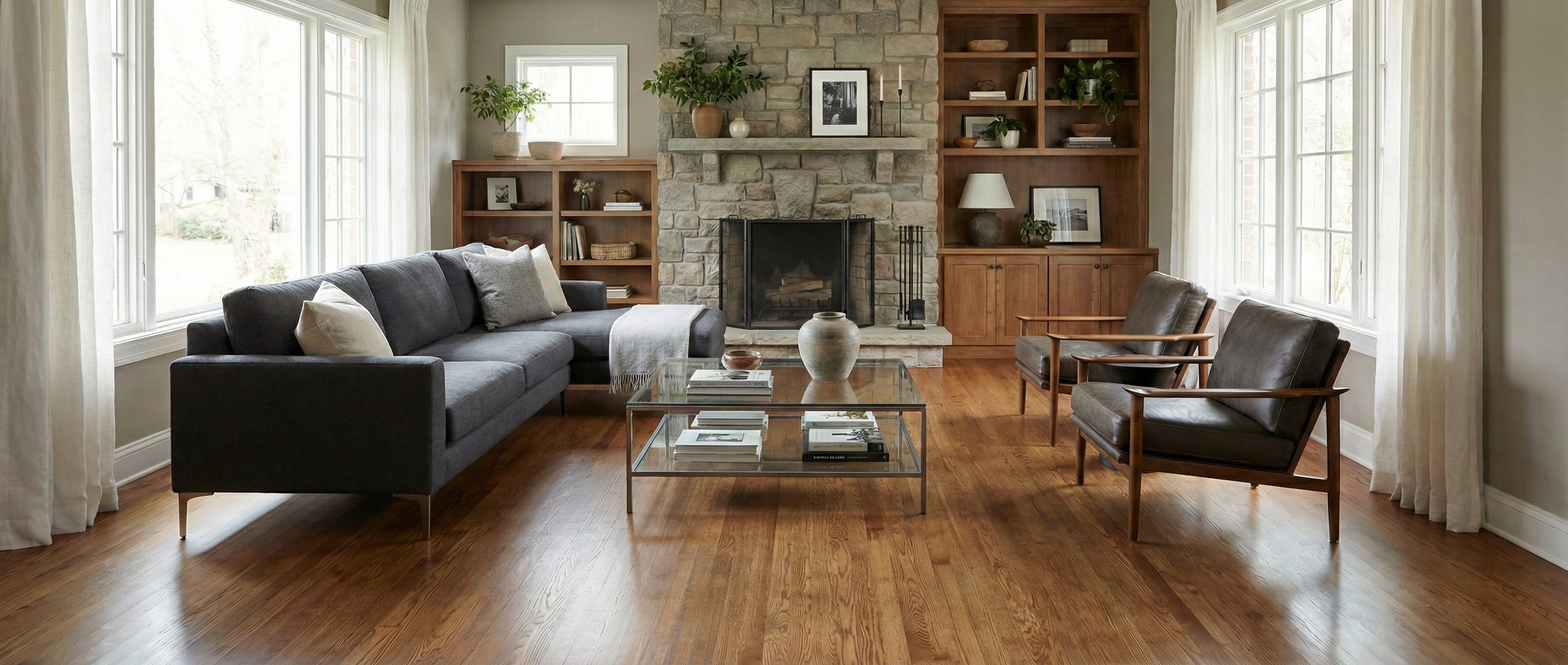 Pièce lumineuse avec canapé gris, fauteuils cuir, cheminée en pierre, parquet bois. Espace vide pour un tapis rectangulaire