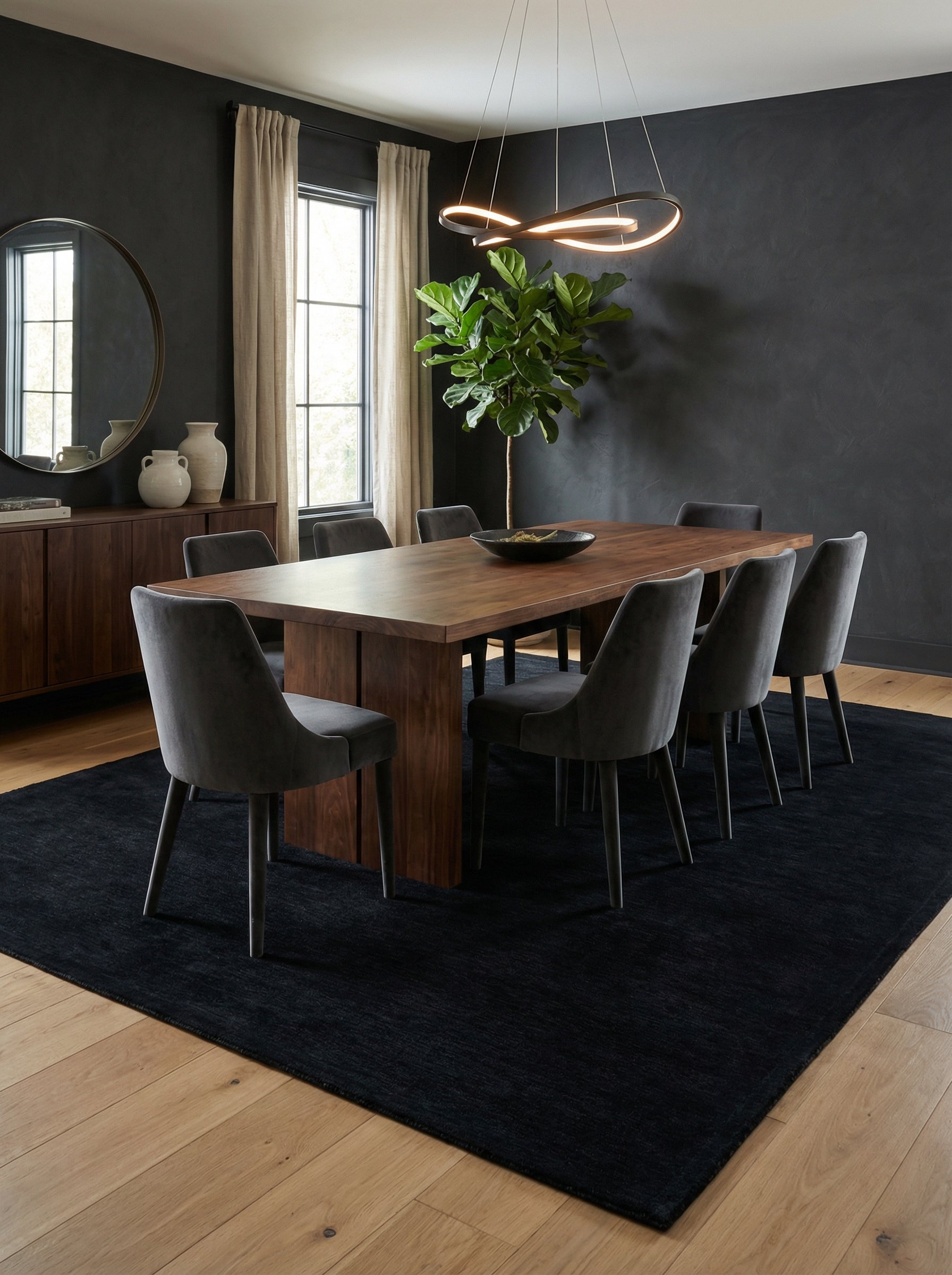 Tapis noir rectangulaire définissant l'espace repas. Ambiance chaleureuse et conviviale