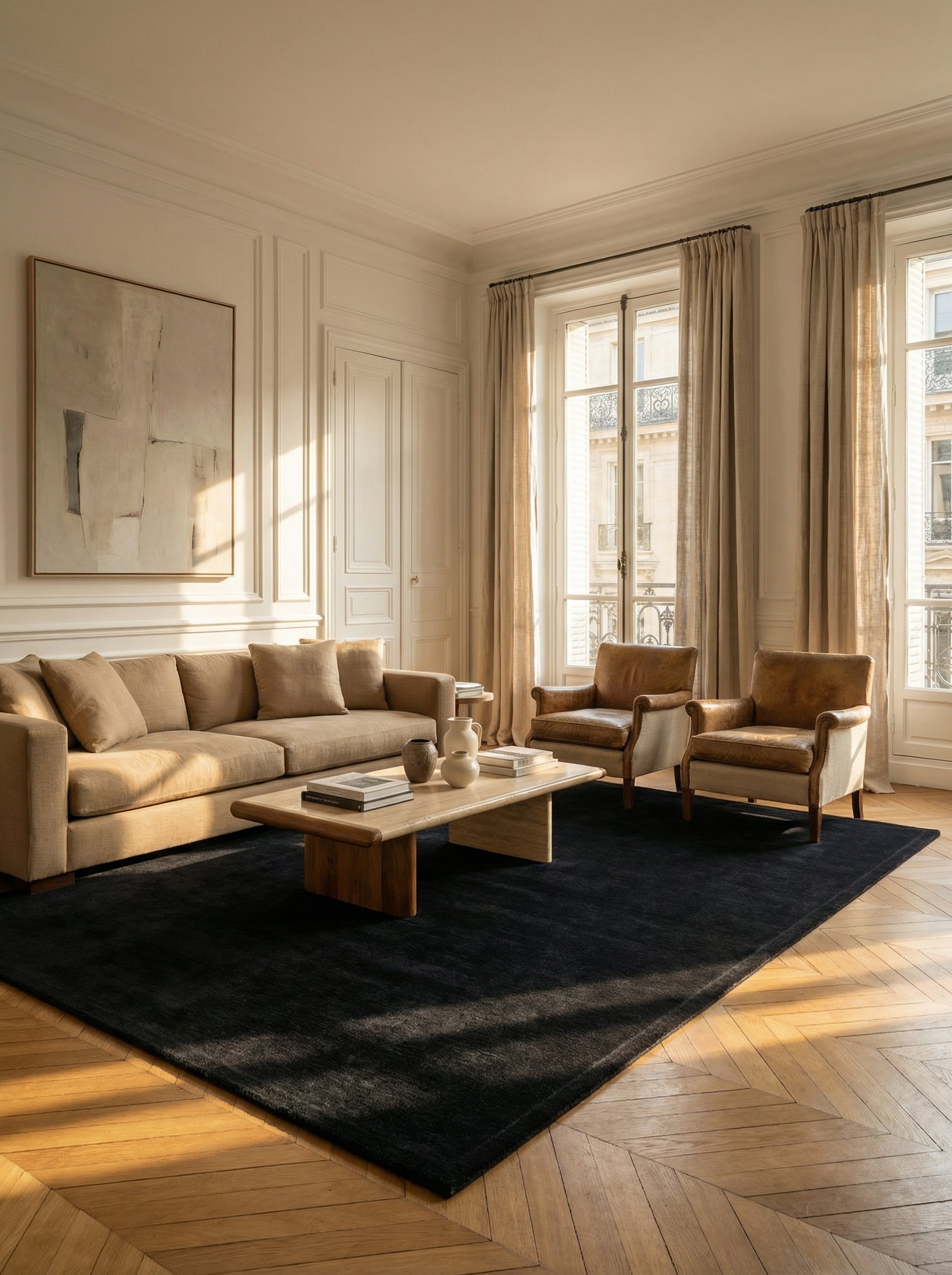 Tapis noir rectangulaire, ambiance élégante et conviviale dans un salon