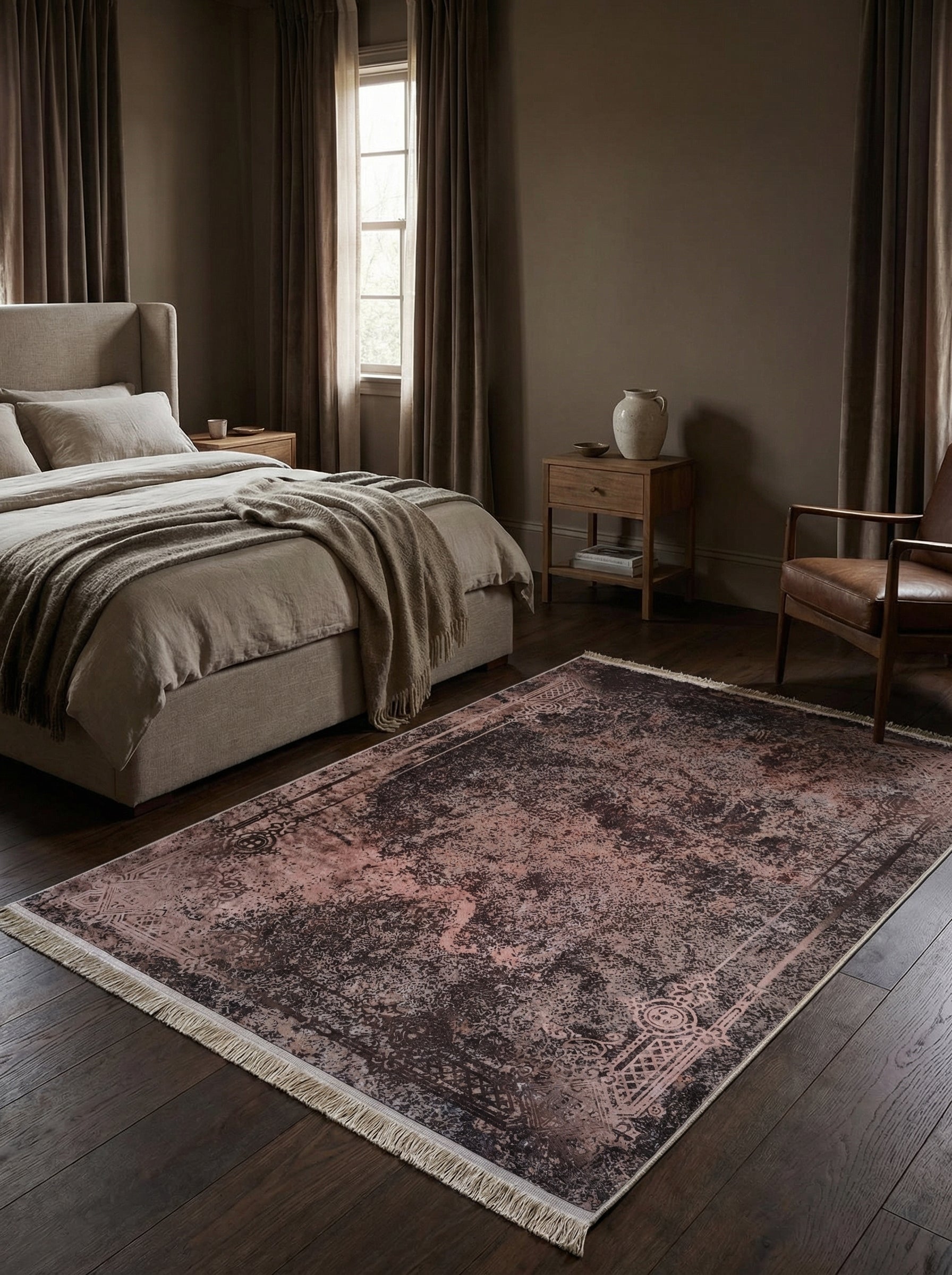 Tapis rectangulaire vieilli aux teintes de rose pâle et marron foncé avec motifs ornementaux, bordé de franges, dans une chambre à coucher