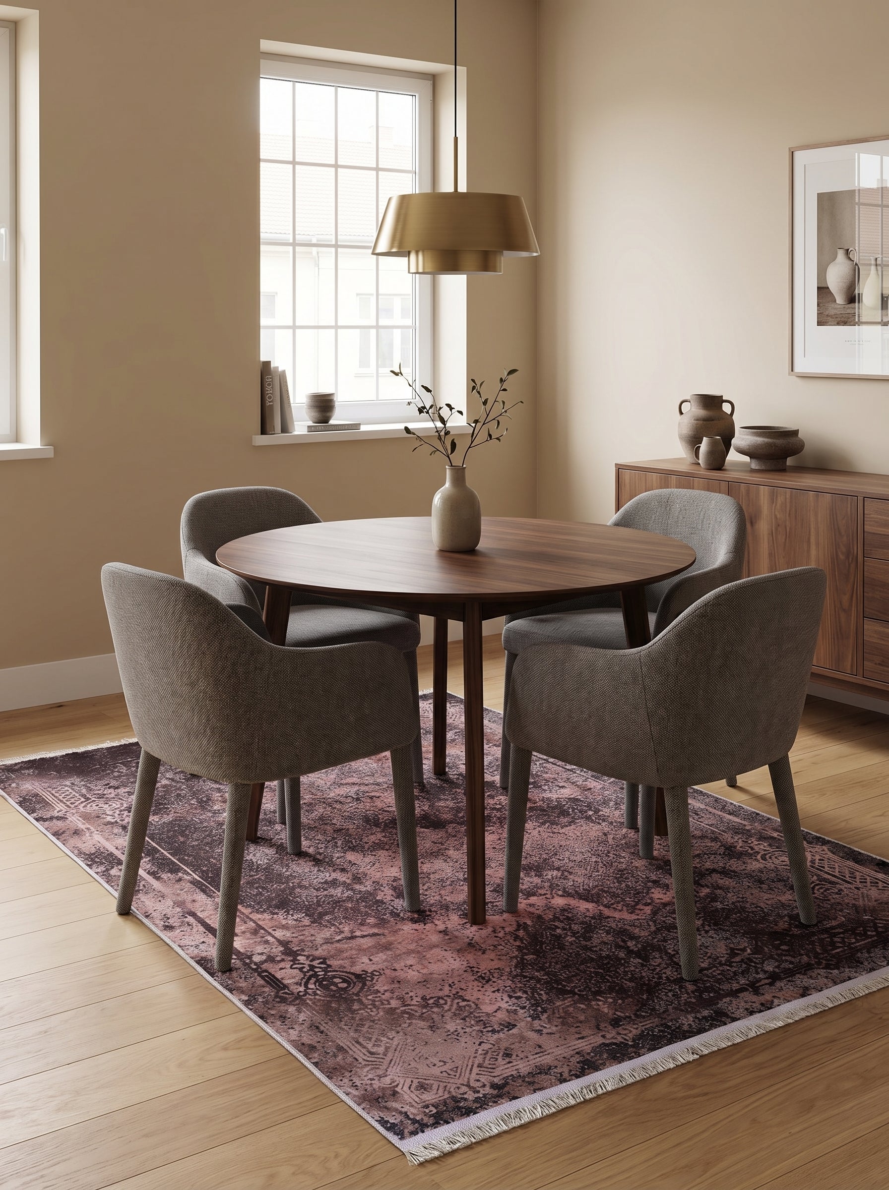 Tapis rectangulaire aux motifs abstraits bordeaux et noir effet vieilli avec franges, sous une table dans une salle à manger lumineuse