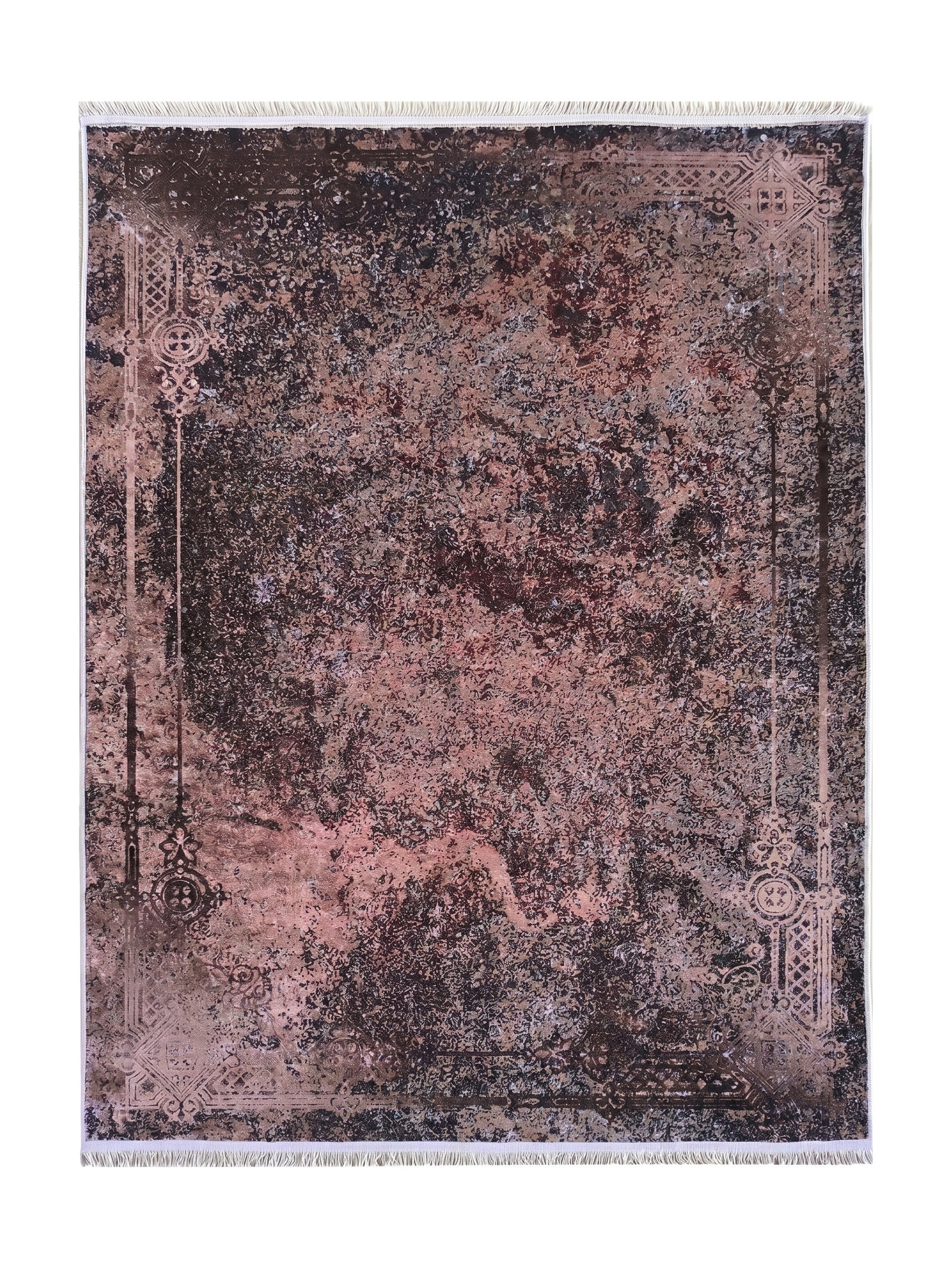 Tapis aux teintes de marron foncé et de rouille avec un motif central abstrait et des bordures ornées de motifs géométriques clairs et franges