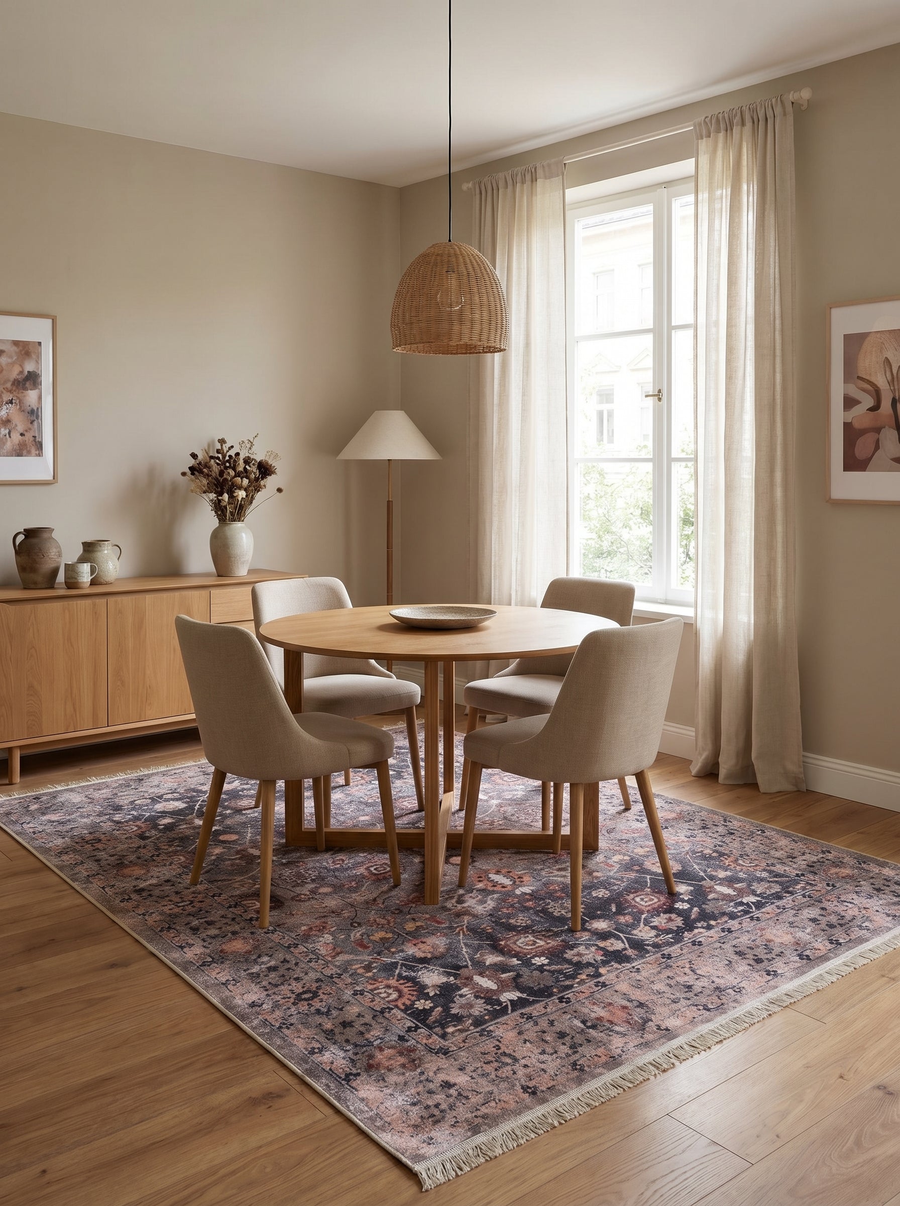 Tapis rectangulaire à motifs floraux et végétaux, bleu foncé et rose poudré avec effet vieilli, franges claires, posé sur parquet dans une salle à manger