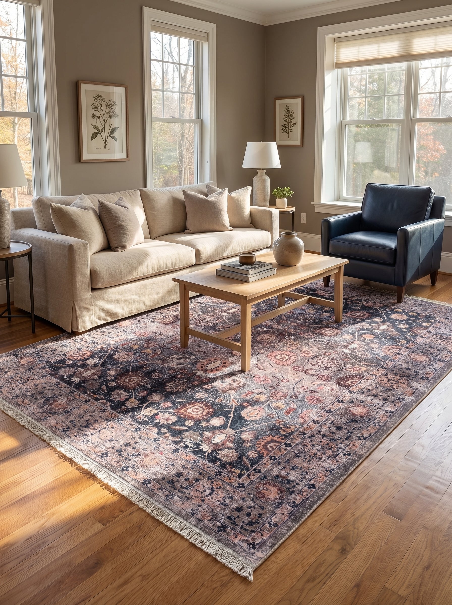 Tapis rectangulaire vieilli, à motifs floraux orientaux bleu foncé, rose poudré et rouille, bordé de franges, dans un salon moderne