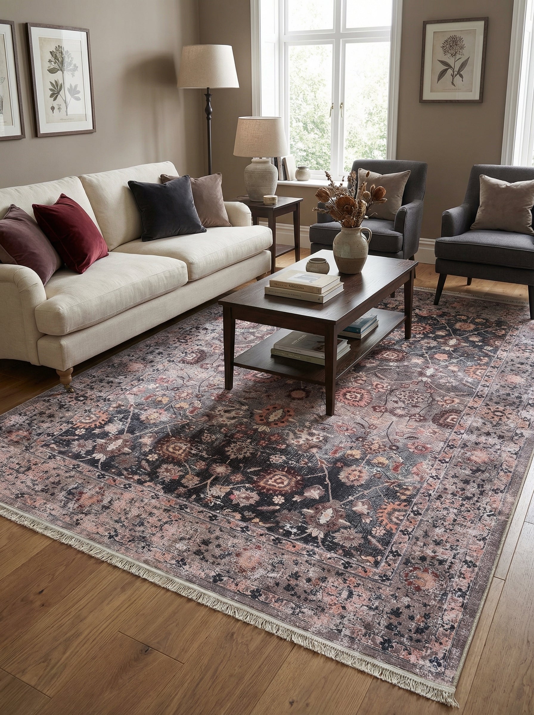 Tapis rectangulaire à motifs floraux et médaillons, couleurs anthracite, rose poudré et beige, aux bordures frangées, dans un salon moderne