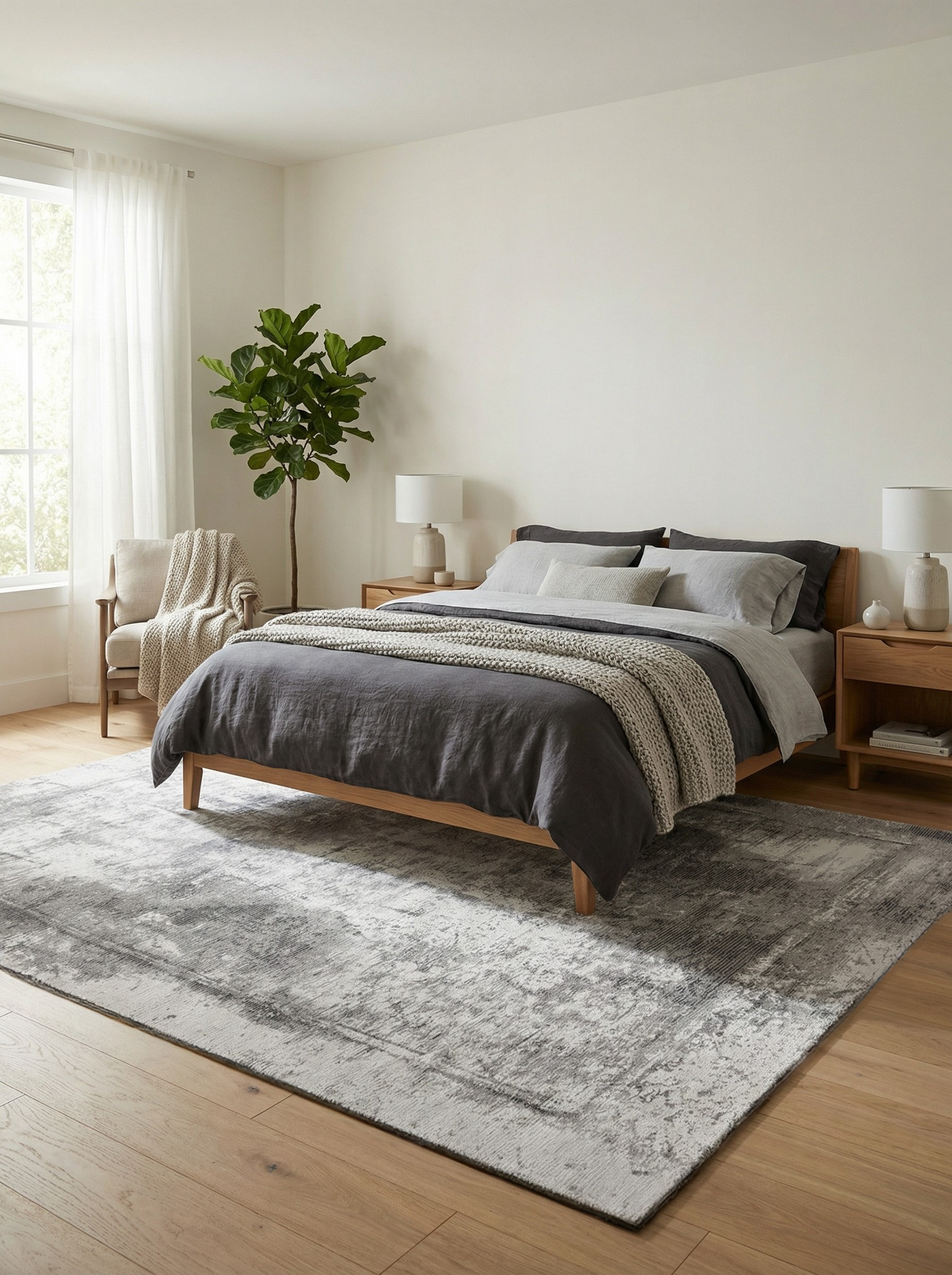 Tapis rectangulaire gris et blanc, doux, dans une chambre. Ambiance reposante et confortable