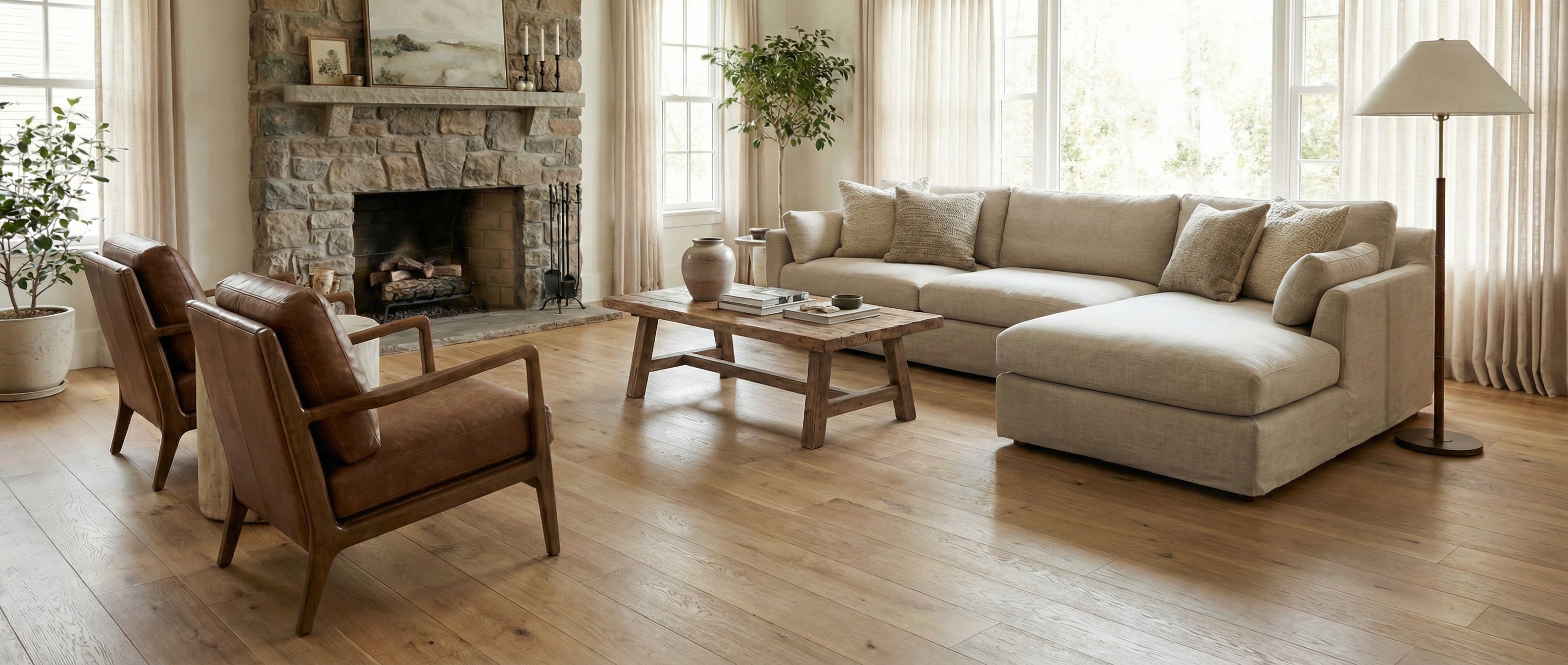 Pièce lumineuse avec parquet clair, canapé beige et fauteuils en cuir. Espace vide pour un tapis rectangulaire, ambiance