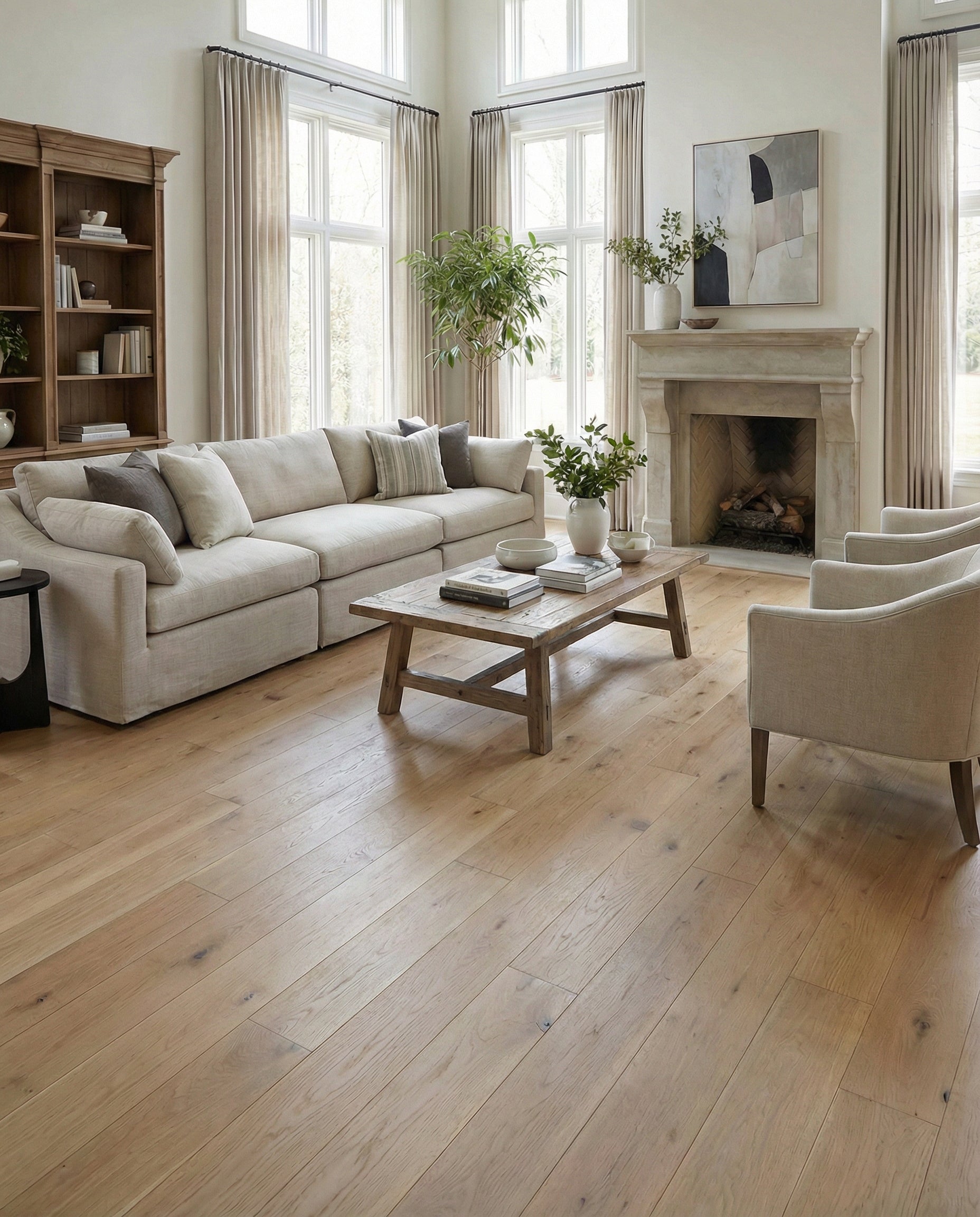 Pièce avec plancher de bois clair, canapé beige, cheminée et fenêtres. Espace à transformer