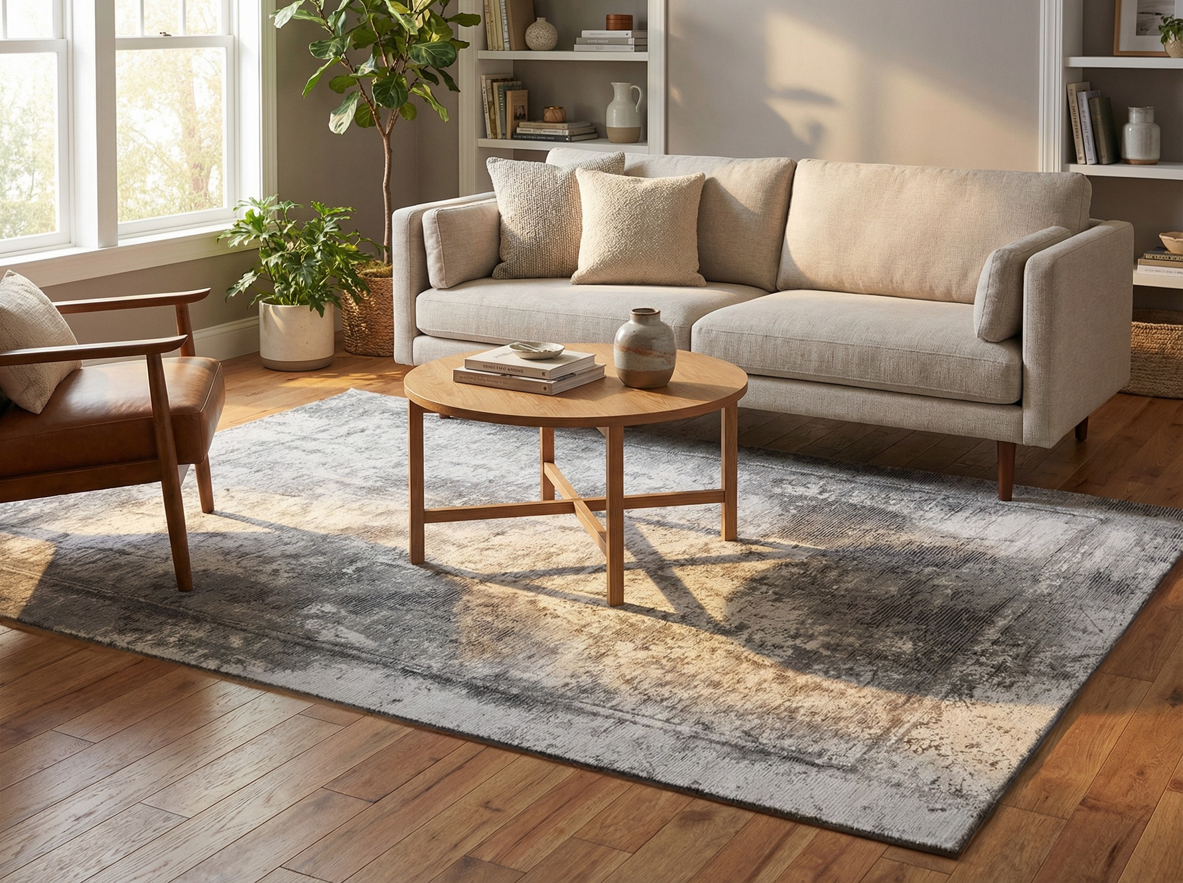 Tapis rectangulaire anthracite, ambiance chaleureuse dans un salon. Style déco moderne