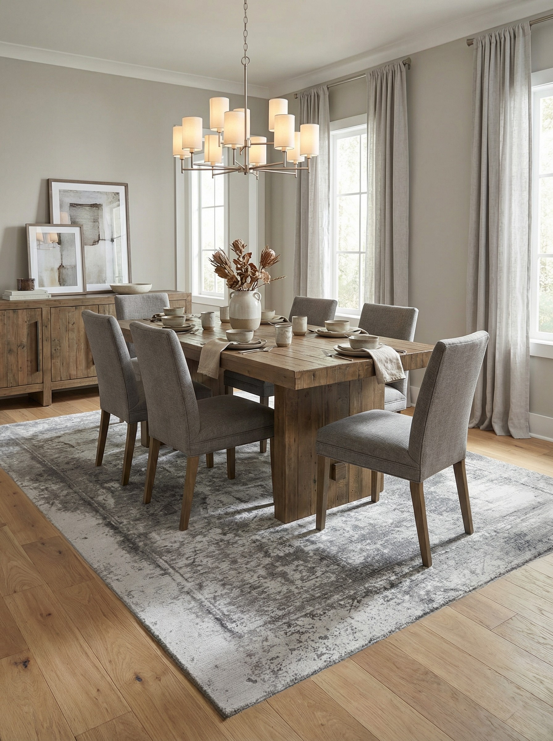 Tapis rectangulaire gris anthracite sous la table à manger, définissant l'espace repas, ambiance conviviale