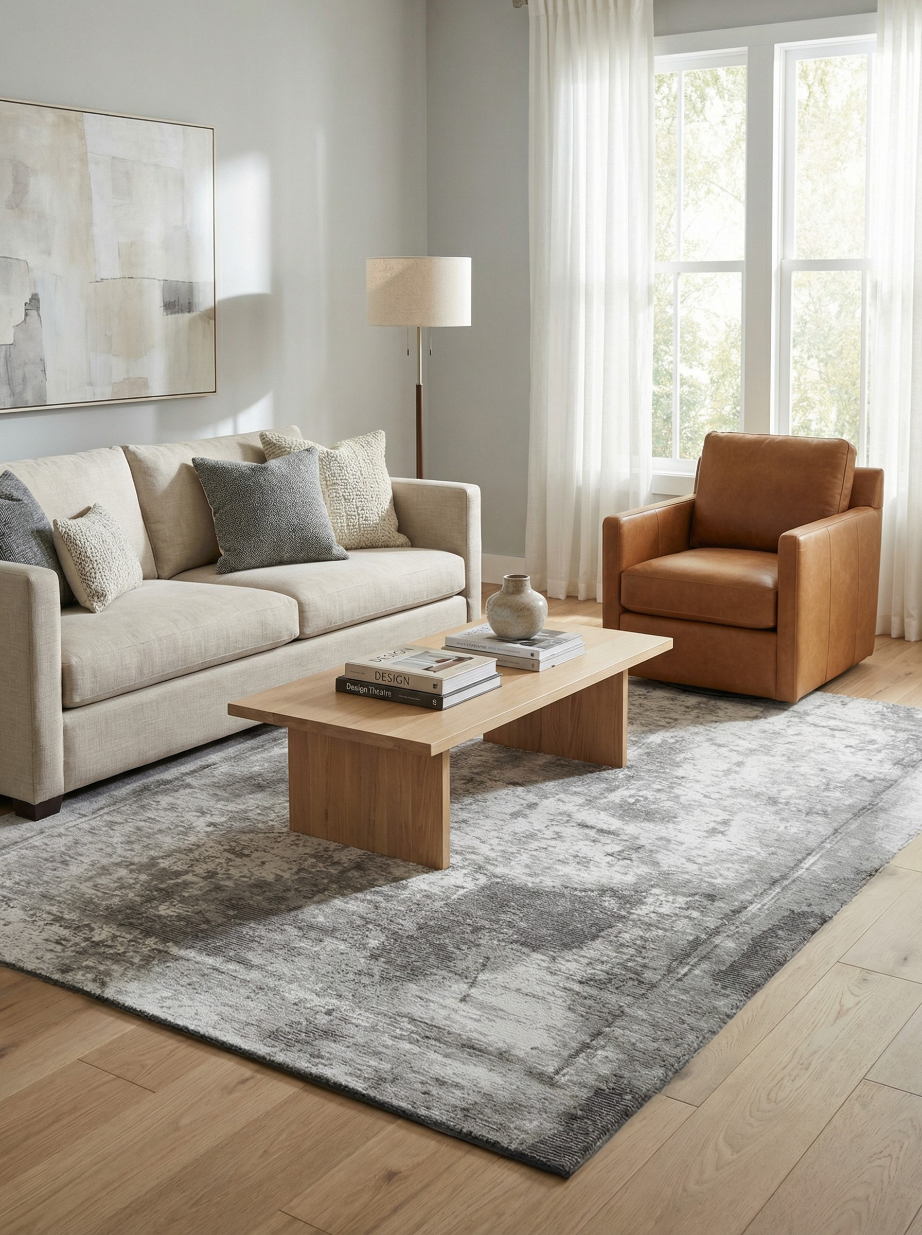 Tapis rectangulaire anthracite, ambiance feutrée dans le salon. Harmonie avec le décor clair, style contemporain