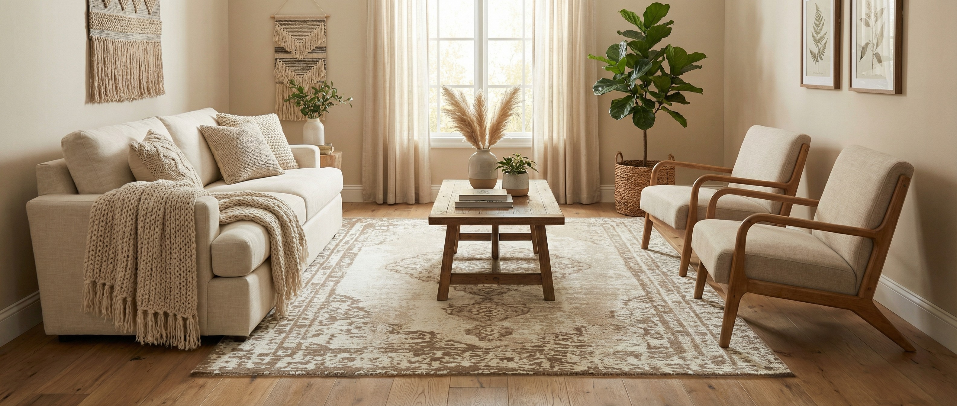 Tapis rectangulaire beige et crème. Il transforme la pièce, créant une harmonie douce et chaleureuse