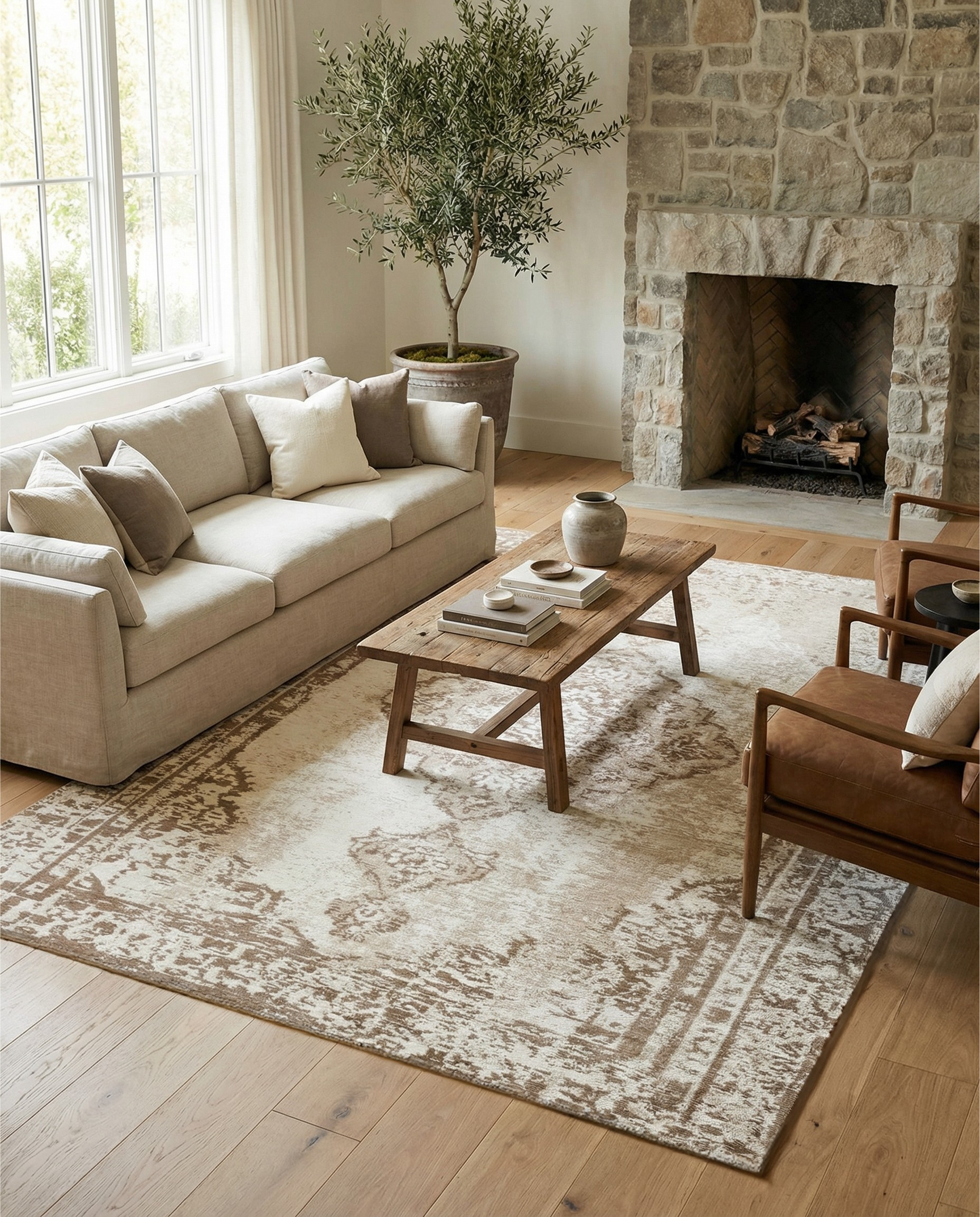 Pièce lumineuse, parquet clair, canapé beige, cheminée en pierre. Espace vide, potentiel déco, ambiance chaleureuse