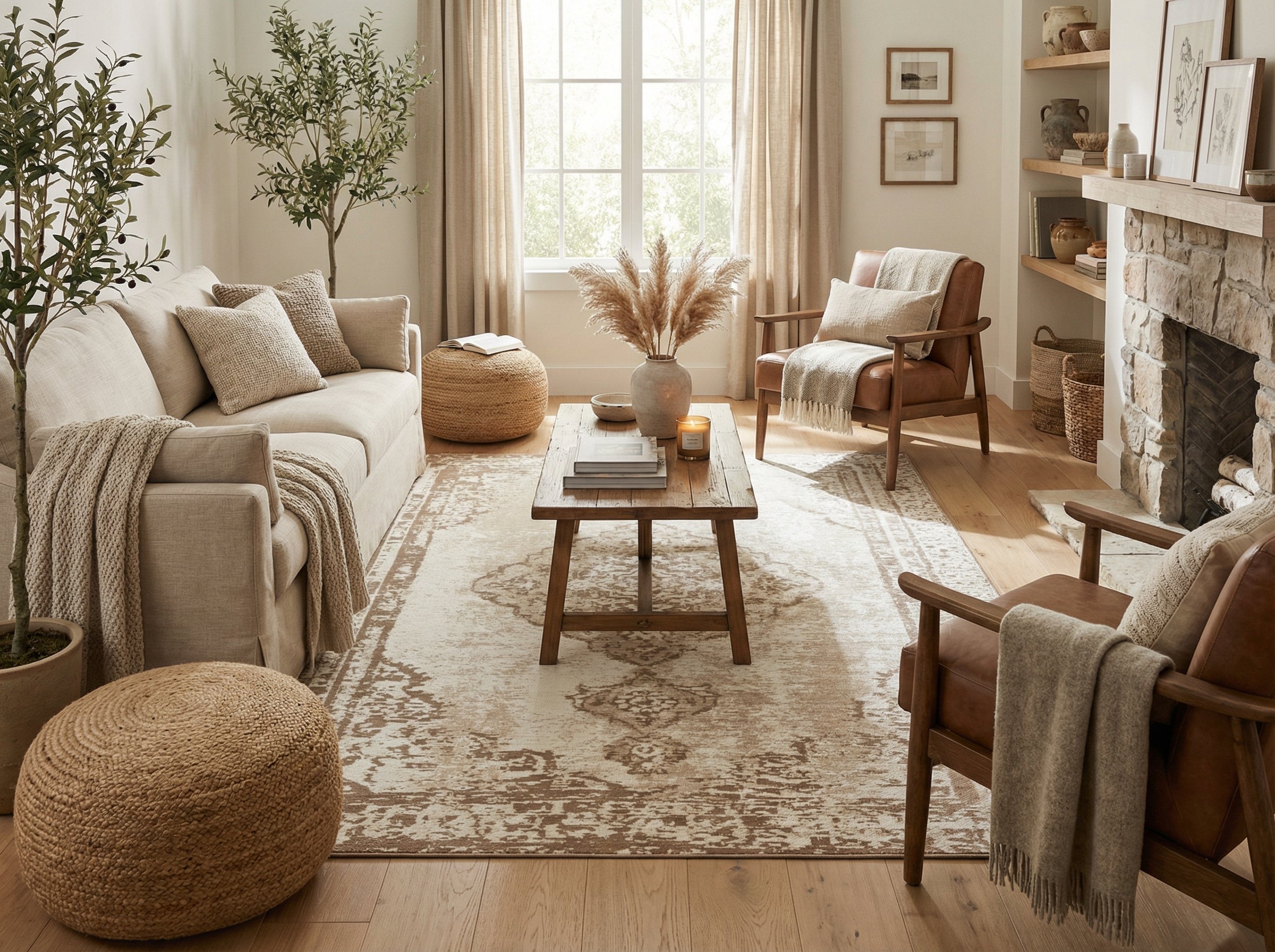 Tapis rectangulaire beige et crème, style déco bohème. Pièce chaleureuse, ambiance relaxante