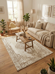 Tapis rectangulaire beige et crème. Crée une ambiance chaleureuse dans ce salon. Harmonie avec le décor