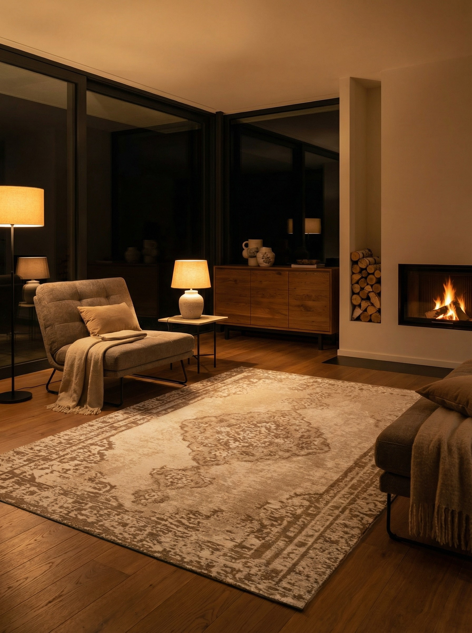 Tapis rectangulaire beige et crème, éclairage doux, ambiance chaleureuse dans la pièce