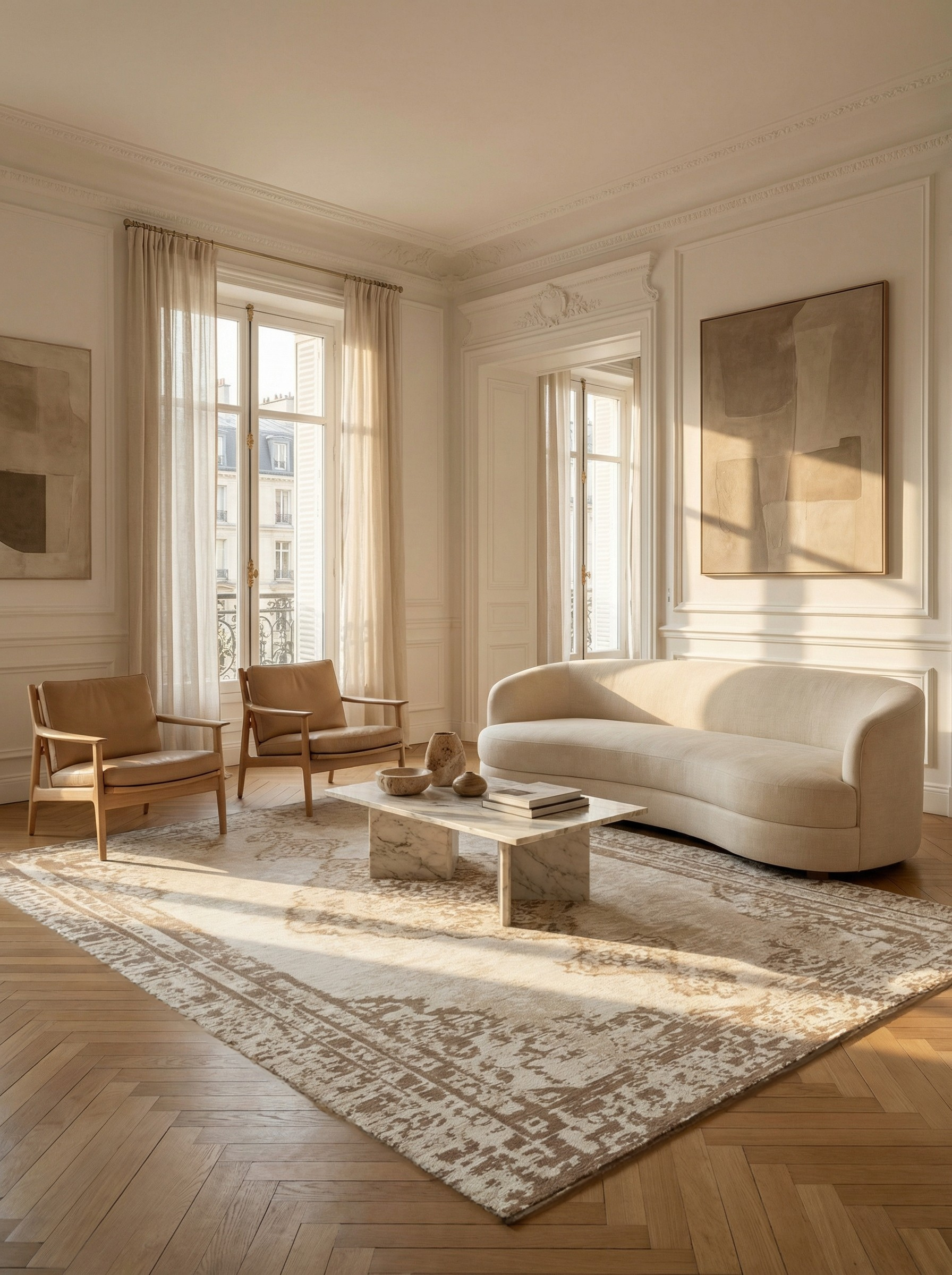 Tapis rectangulaire beige et crème, ambiance chaleureuse et élégante dans un salon