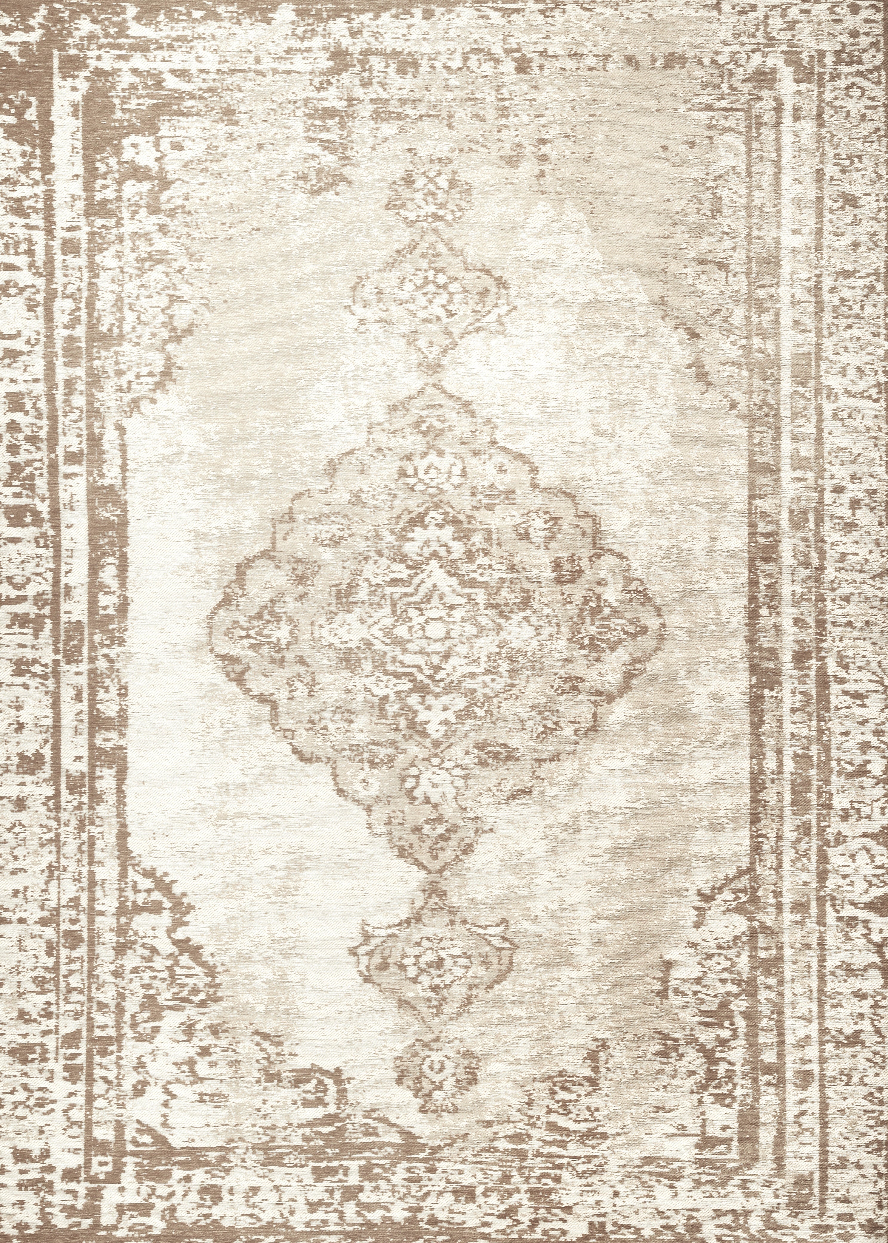Tapis rectangulaire de style oriental, beige et crème, avec un motif central ornemental