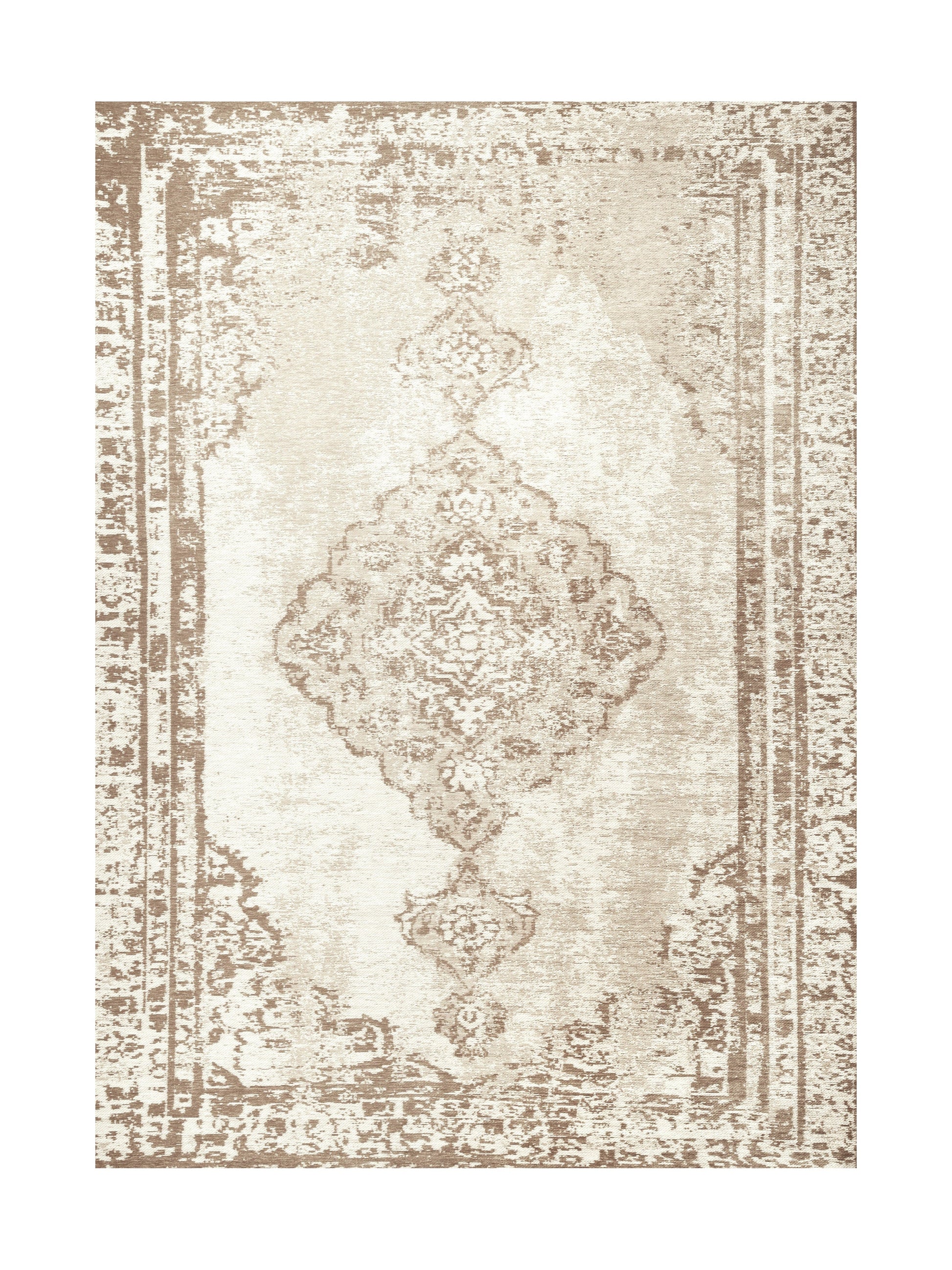 Tapis rectangulaire de style oriental, beige et crème, avec un motif central ornemental