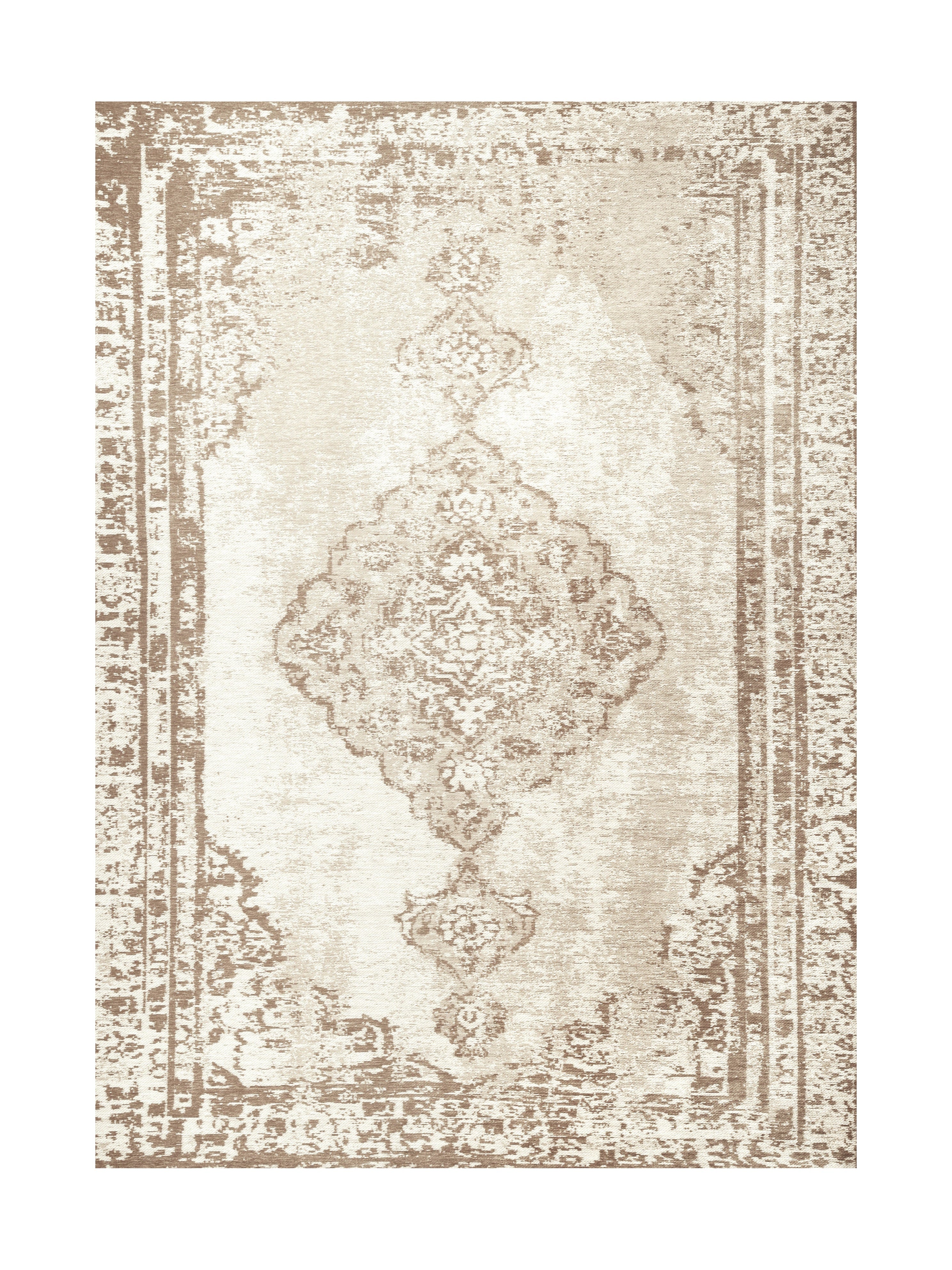 Tapis rectangulaire de style oriental, beige et crème, avec un motif central ornemental