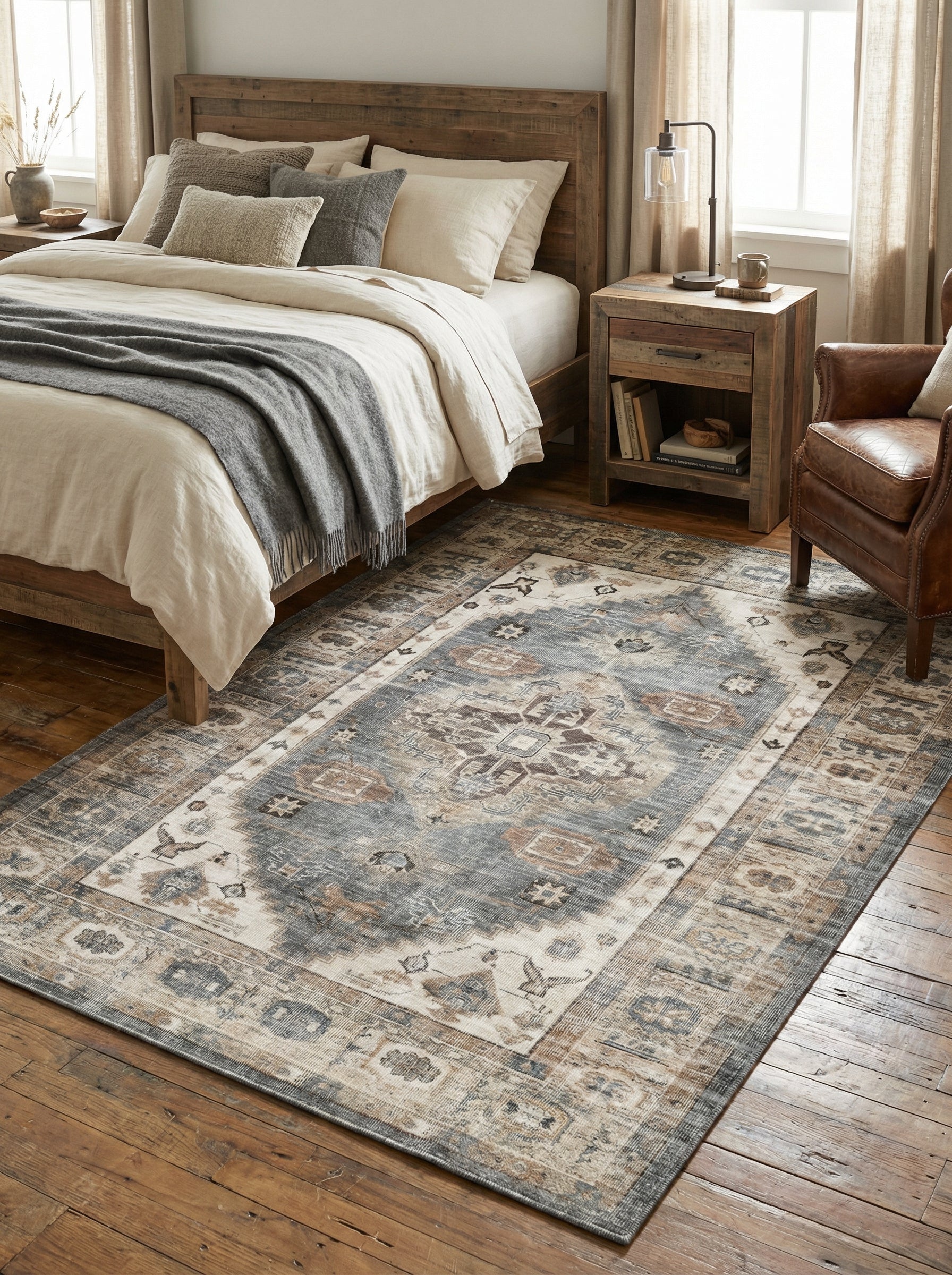 Tapis rectangulaire beige et ambre. Douceur et confort pour une ambiance reposante dans la chambre