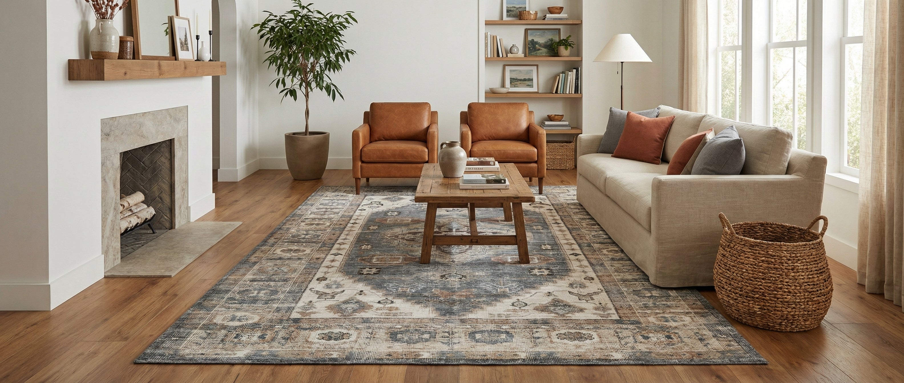 Le tapis rectangulaire crée une transformation. Les couleurs beiges et bleues harmonisent la pièce. Ambiance chaleureuse