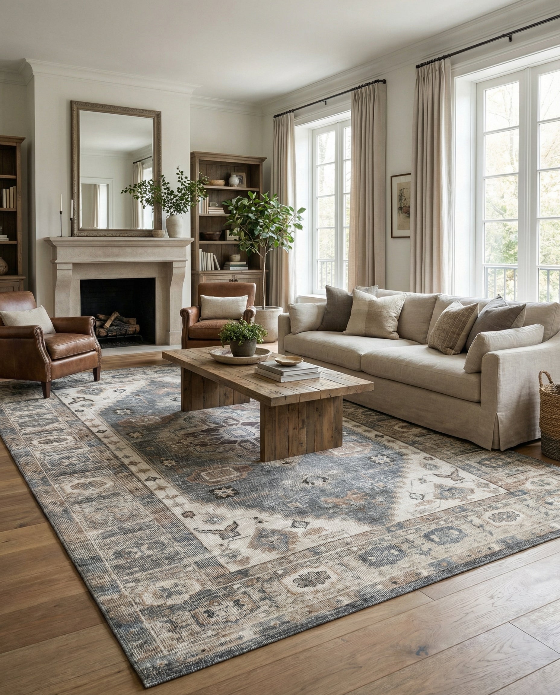 Tapis rectangulaire beige et bleu. Il apporte chaleur et harmonie à la pièce. Ambiance feutrée