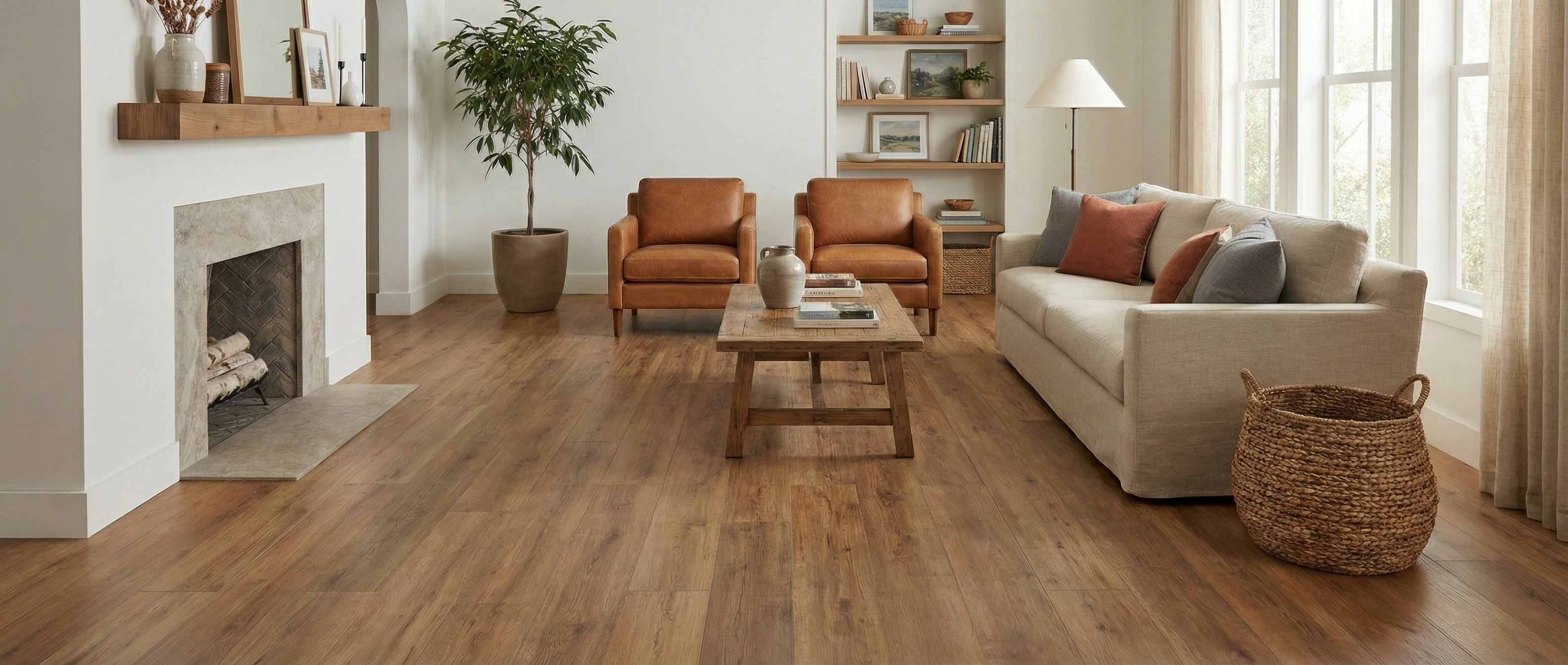 Pièce avec plancher bois, canapé beige, fauteuils cuir, cheminée. Espace vide pour tapis rectangulaire, ambiance chaleureuse